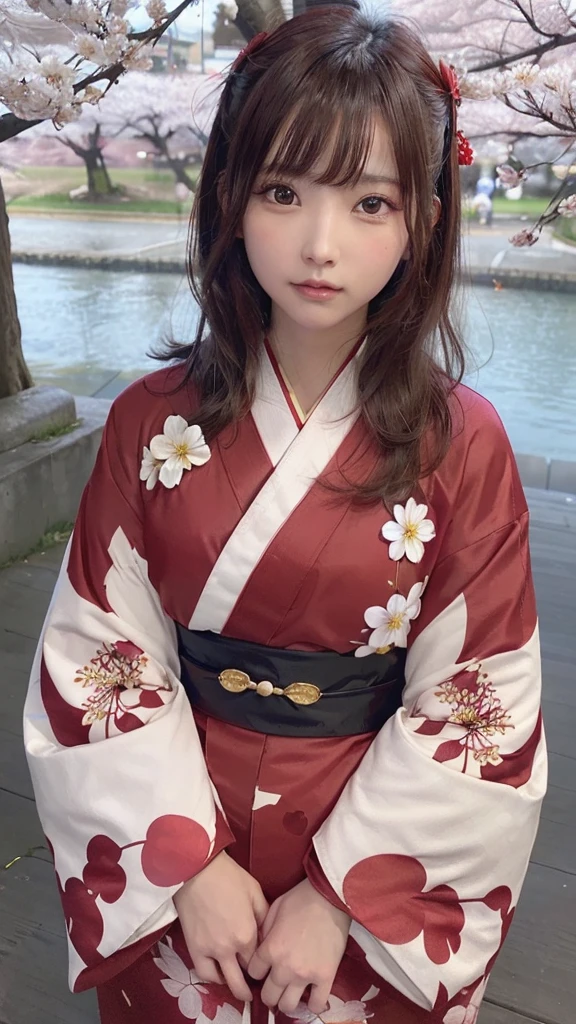 One Girl, (Beautiful girls, Delicate girl:1.3), (21 years old:1.3), break, (Floral, kimono, kimono, red kimono:1.3), break, Very fine grain, (Symmetrical eyes:1.3), break, (cherry blossoms, filled with cherry blossoms, surrounded by cherry blossoms:1.2), perfectly trimmed fingers, break, Small breasts, Brown eyes, Parted bangs, brown hair, (Upper teeth, The best smile:0.6), break, (Eye and facial details:1.0), break, (masterpiece, highest quality, Ultra-detailed, Detailed face, 8K)