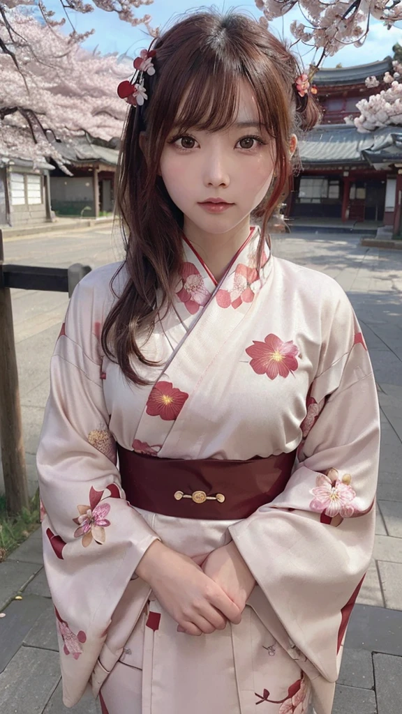 One Girl, (Beautiful girls, Delicate girl:1.3), (21 years old:1.3), break, (Floral, kimono, kimono, red kimono:1.3), break, Very fine grain, (Symmetrical eyes:1.3), break, (cherry blossoms, filled with cherry blossoms, surrounded by cherry blossoms:1.2), perfectly trimmed fingers, break, Small breasts, Brown eyes, Parted bangs, brown hair, (Upper teeth, The best smile:0.6), break, (Eye and facial details:1.0), break, (masterpiece, highest quality, Ultra-detailed, Detailed face, 8K)