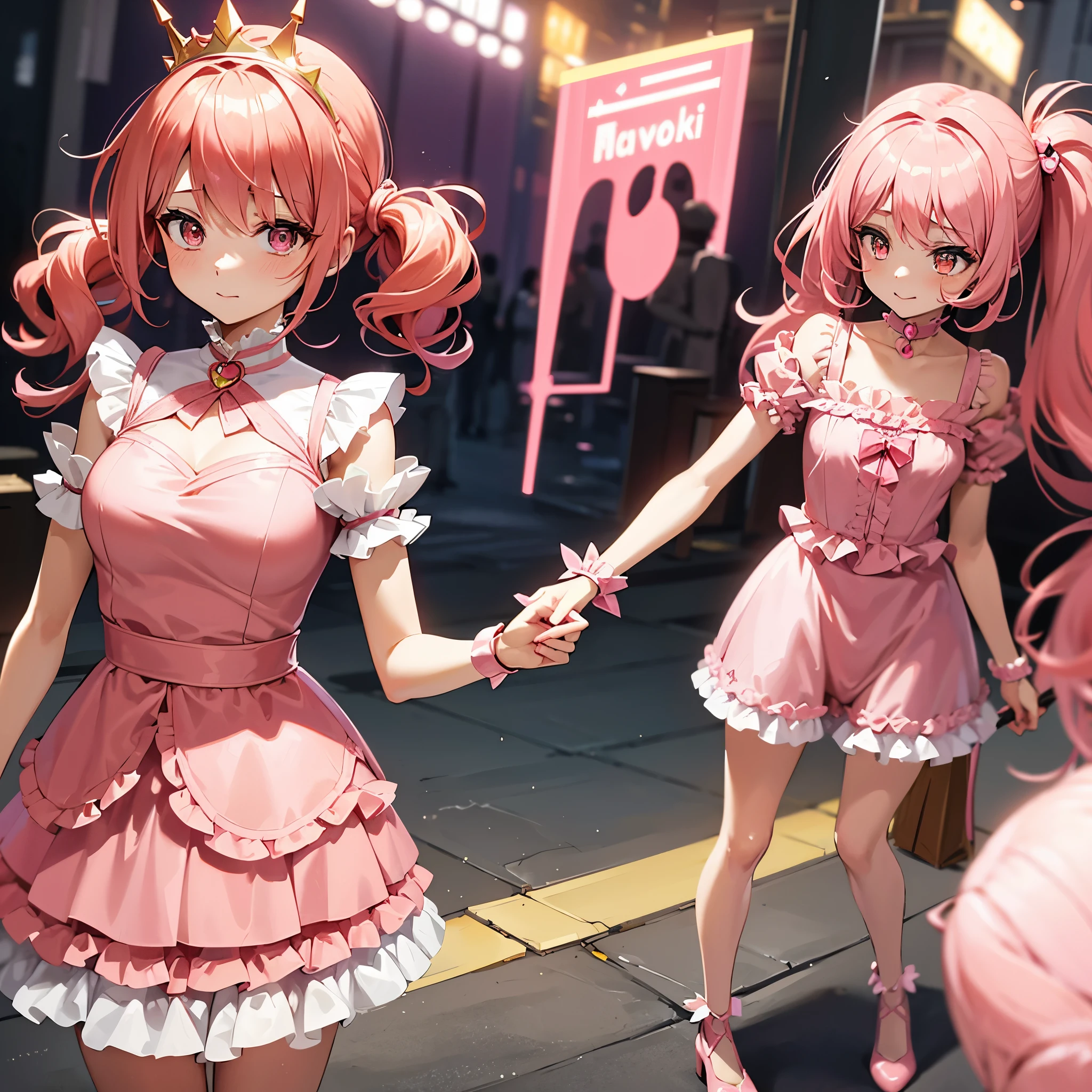 highest quality, A salmon pink magical girl. Hair color: salmon pink. Hairstyle: twin tails tied partway to create a loop. Heavy bangs. Eye color: dark pink. Tiara color: salmon pink. Mini fluffy one-piece dress. Short skirt. Walking stick. Magical girl. Ladylike. Slim legs. C cup breasts.