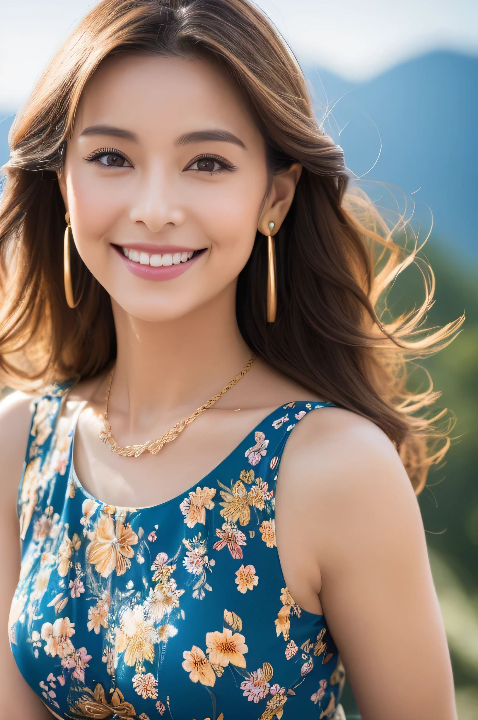 Masseter muscle area, highest quality, masterpiece, High resolution, Photorealistic, Raw photo, 8k wallpaper, perfection, Professional Lighting, Very detailed, Depth of written boundary, ((One beautiful woman)), ((40 years)), Sexy Woman, ((wearing Big floral mini dress :1.3)), ((Look into the viewer's eyes)), Detailed face, Beautiful Eyes, (Sit with good posture), Bans, Shapely small breasts,Extra long brown hair, Faint lips,Soup,((Extra long brown hair:1.2))((Loosely inward wavy hair:1.2)),((Gold Necklace_Large earrings:1.2)),((A shy smile:1.3)),((full figure supermodel standing, entire body in frame))、fullbody shot、((A shy smile:1.3))((sitting with her back to the top of the mountain_with blue sky and white clouds,rays of sunshine:1.2)),