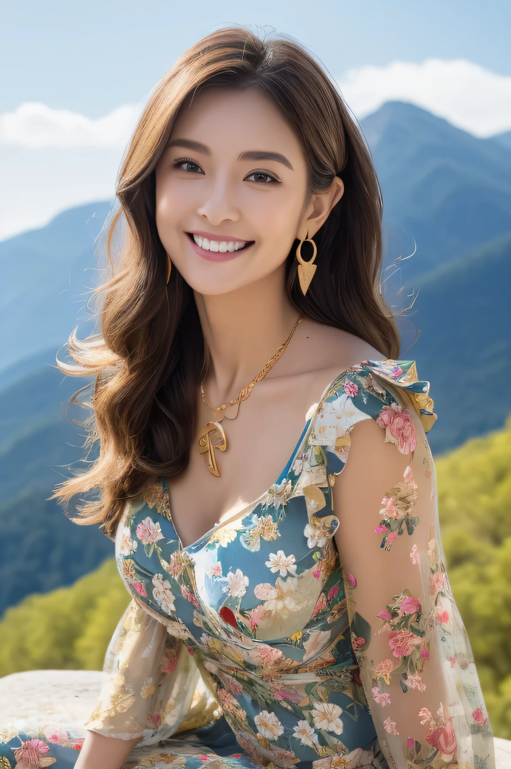 Masseter muscle area, highest quality, masterpiece, High resolution, Photorealistic, Raw photo, 8k wallpaper, perfection, Professional Lighting, Very detailed, Depth of written boundary, ((One beautiful woman)), ((40 years)), Sexy Woman, ((wearing Big floral mini dress :1.3)), ((Look into the viewer's eyes)), Detailed face, Beautiful Eyes, (Sit with good posture), Bans, Shapely small breasts,Extra long brown hair, Faint lips,Soup,((Extra long brown hair:1.2))((Loosely inward wavy hair:1.2)),((Gold Necklace_Large earrings:1.2)),((A shy smile:1.3)),((full figure supermodel standing, entire body in frame))、fullbody shot、((A shy smile:1.3))((sitting with her back to the top of the mountain_with blue sky and white clouds,rays of sunshine:1.2)),