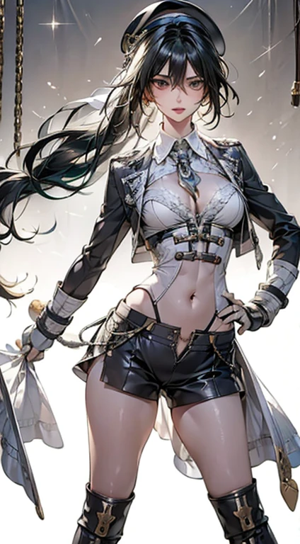 ubel,dark green hair,long hair,side ponytail,hair between eyes,bangs, BREAK (beret, black jacket, open clothes, cleavage, midriff, black shorts, black thighhighs, thigh strap, fingerless gloves, single glove:1.2), Photo,sharpness, F1.6 lens,hyper-realistic textures,spectacular light textures, Cinestil 800 Fashion Mechanics,(((Beautiful woman with left leg restrained and hung by chains))),Appearance,Beautiful girl with accentuated slender abs: 1.1,six-pack abs: 1.1, Bust Botox,Standing on tiptoe, long legs,Long brown hair fluttering in the wind,Brown hair, Long hair, Female Warrior Costume,(No panties,No bra),(tacticul battle fashion,elbow and knee tacticul battle fashion, battle glove: 1.1),((cute batre costume)),The belly comes out and the navel is visible,Thin sheer costume, combat gloves,shredded costumes,cyber long combat boots with golden knee pads,Anatomical,(futuristic sci-fi battle fashion, new elbow and knee cyberpads, new cyberlong boots, new cybergloves: 1.1),(tied perfectly by iron chain), Restraint, Slave, collars, contempt, (Chained), 4 chains hung from heaven, Metallic shackles and fetters, wet crotch clearly visible,((Hands are restrained above the head)), the neck is chained,Chain from left knee to heaven,Chained by rusty iron chains,((the tip is protruding, areolas protruding,The shape of the pubic area is clearly visible:1.2)),Sweating,Wet,Wet crotch,Wet thighs,Junkyard, Realistic, (cute, perfect clothes, skimpy clothes, cute: 1.3) ,Vast miritary base in us,((wide mirtary hospital with summer sunlight)), peeling ceilings, Rebar between, Realistic material details, Extreme details, Ultra-realistic materials,narrow waist,(with sparkling eyes and a contagious smile:0.9),looking at viewer,