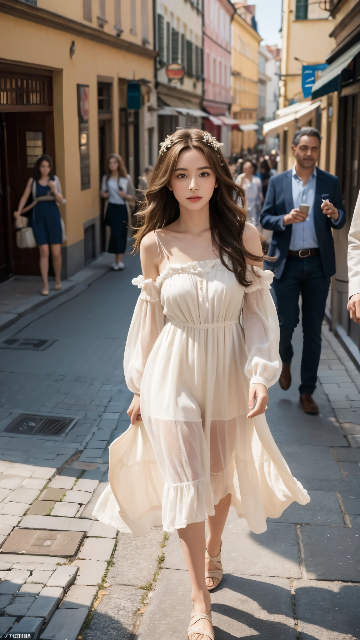 In this vivid scene, a talented photographer captured Estelle Berglin - her long hair waving with every step she took, clad in a lovely summer dress that swayed gently with the breeze, walking confidently amidst the lively, vibrant crowd filling the narrow cobblestone streets of Prague, as they all admired and were intrigued by her presence. The photographer's skillful eye for detail was evident - perfectly framing Estelle under soft lighting against the backdrop of rich natural light that cast a warm glow on her skin, gently illuminating her every feature in high resolution with a hint of film grain, as they utilized their Fujifilm XT3 camera to capture this exquisite moment, thus turning it into a timeless piece of art. 