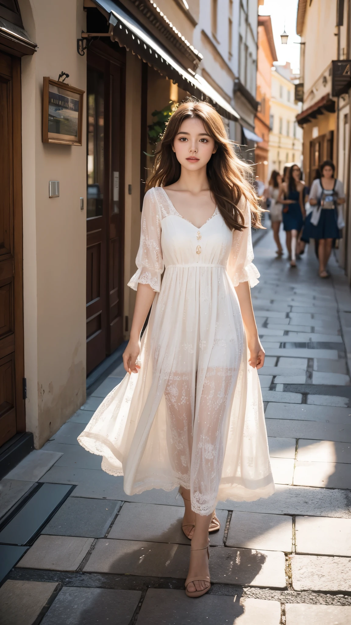 In this vivid scene, a talented photographer captured Estelle Berglin - her long hair waving with every step she took, clad in a lovely summer dress that swayed gently with the breeze, walking confidently amidst the lively, vibrant crowd filling the narrow cobblestone streets of Prague, as they all admired and were intrigued by her presence. The photographer's skillful eye for detail was evident - perfectly framing Estelle under soft lighting against the backdrop of rich natural light that cast a warm glow on her skin, gently illuminating her every feature in high resolution with a hint of film grain, as they utilized their Fujifilm XT3 camera to capture this exquisite moment, thus turning it into a timeless piece of art. 