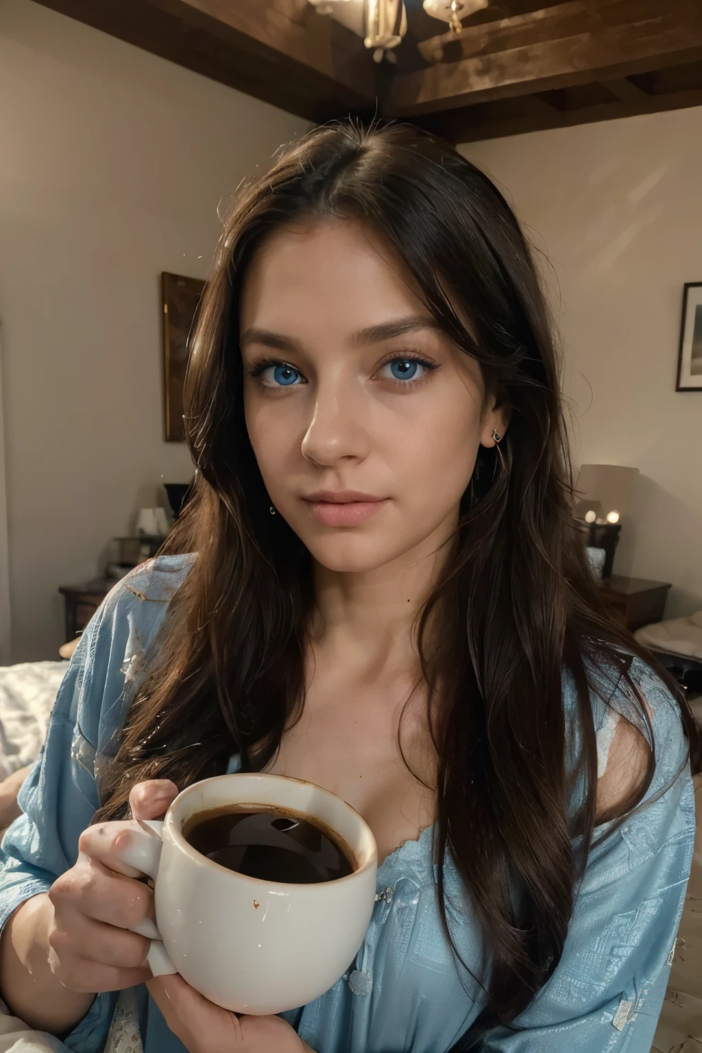 (best quality,4k,highres,masterpiece:1.2),ultra-detailed,realistic,portrait,(expressive blue eyes),(long dark hair),beautiful detailed eyes, European,(pierced ears),(drinks coffee),(in bed in the morning),relaxing atmosphere,vivid colors,luxurious beddings,casual pajamas,soft sunlight,gentle morning breeze