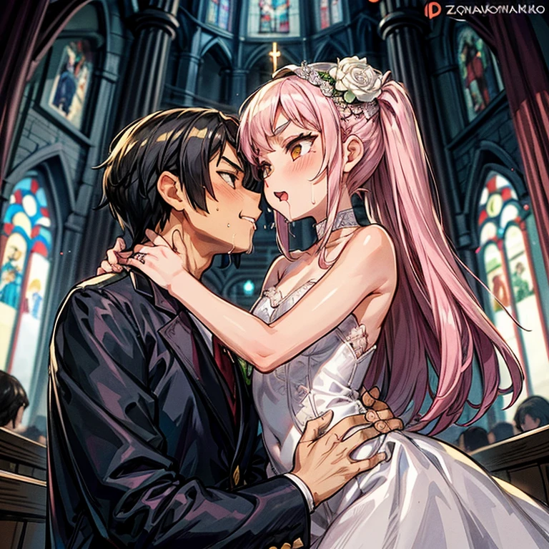 Girl with pink hair, long double-tailed hairstyle (small pink bushy eyebrows), dressed in gothic lolita clothes, lolicon (Zankuro) drawing style by zankuro artist, Zancro style, image uploaded to R34, (in a church full of people), flirtatious smile, suddenly having sex in public, ((squinted eyes, red cheeks and drooling)) hands on belly, begging for sex, wearing a wedding dress