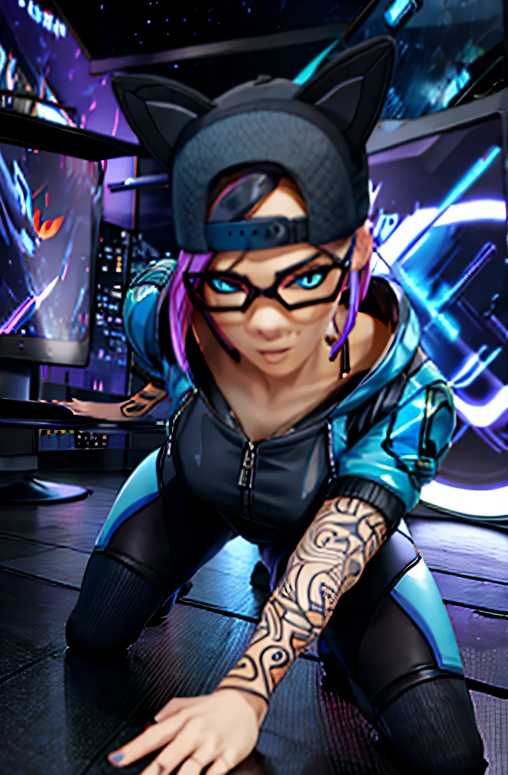 Lynx leggings black blue jacket dynamic pose, rostro detallado ojos hermosos 