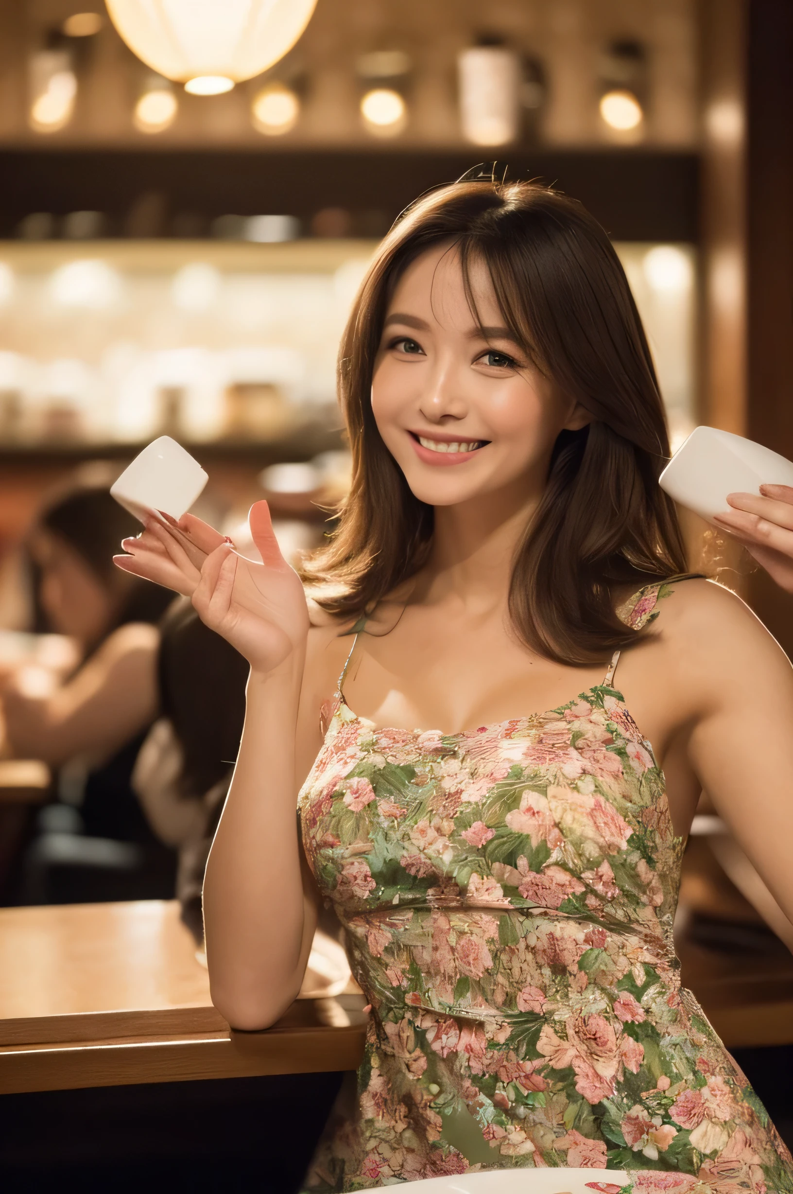 Masseter muscle area, highest quality, masterpiece, High resolution, Photorealistic, Raw photo, 8k wallpaper, perfection, Professional Lighting, Very detailed, Depth of written boundary, ((One beautiful woman)), ((40 years)), Sexy Woman, ((Big floral mini dress with left hand up:1.3)), ((Look into the viewer's eyes)), Detailed face, Beautiful Eyes, (Sit with good posture), Bans, Shapely small breasts,Extra long brown hair, Faint lips,Soup((Loosely inward wavy hair:1.2、((full figure supermodel standing, entire body in frame))、fullbody shot、((A shy smile:1.3)),((In a crowded café at dusk:1.3))