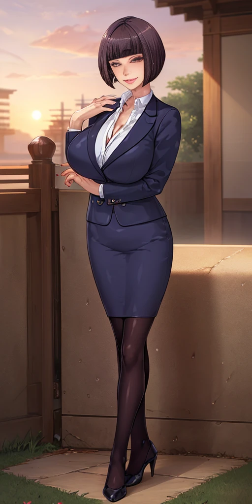 (masterpiece, best quality, semirealistic:1.3), Itsuki Shima, mature female, black pantyhose, pencil skirt, high heels, full body shot, short hair, brown hair, bob cut, brown eyes, huge breasts, cleavage, looking at viewer, office lady, formal, suit, skirt suit, jacket, collared shirt, perfect body, perfect eyes, anime eyes, eyeshadow, perfect face, (horny, blush, smirking:1.2), evening park, sunset, bright background, grass, Japanese park background, park lanterns, intricate background, sharp focus, professional artwork, intricate details, (vibrant colors, vivid colors, Diffused lighting:1.1), digital blending, ultra detailed body, ultra detail hair, ultra detail face, trending on pixiv