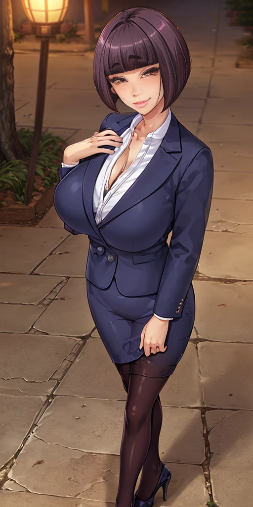 (masterpiece, best quality, semirealistic:1.3), Itsuki Shima, mature female, black pantyhose, pencil skirt, high heels, full body shot, short hair, brown hair, bob cut, brown eyes, huge breasts, cleavage, looking at viewer, office lady, formal, suit, skirt suit, jacket, collared shirt, perfect body, perfect eyes, anime eyes, eyeshadow, perfect face, (horny, blush, smirking:1.2), evening park, sunset, bright background, grass, Japanese park background, park lanterns, intricate background, sharp focus, professional artwork, intricate details, (vibrant colors, vivid colors, Diffused lighting:1.1), digital blending, ultra detailed body, ultra detail hair, ultra detail face, trending on pixiv