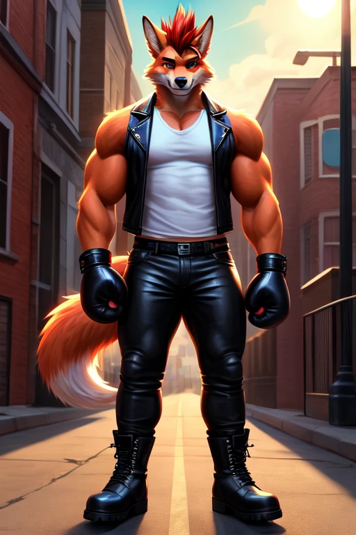 ((best quality)), ((masterpiece)), (detailed), perfect face, Bara Furry, Anthropomorphic wolfdog, 70% Wolf, 25% Tamaskan wolfdog, 5% Dingo, 6'7 and 233 lbs, 50" Chest, 21" Shoulders, 17" Biceps, 36" Waist, 25" thighs, 17" calves, 20" back, orange fur, red fur on tips of his ears, red fur at the end of his tail, red hair, mohawk hairstyle, red eyes, weaing sleeveless black leather biker vest, wearing white T-shirt with sleeveless ripped off, wearing black leather pants, wearing black leather boots, wearing black bandana around forehead, wearing red boxing gloves, Punk aesthetic, biker aesthetic, metropolitan statistical area, location based on Annapolis, Maryland, dynamic lighting, perfect shading, soft shading, soft colors, vivid colors, pastel colors 