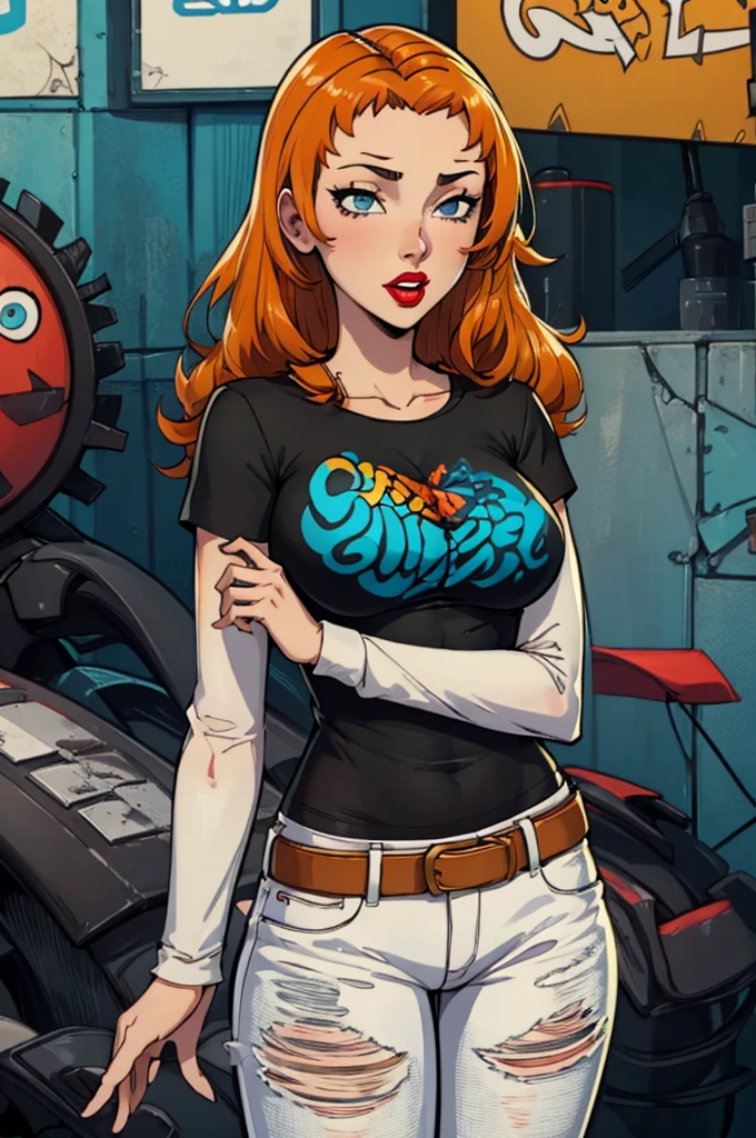 Izzy_Total_Drama, orange hair, 1girl, solo, standing, black t-shirt, white shirt, blue jeans, belt, lipstick, large breasts