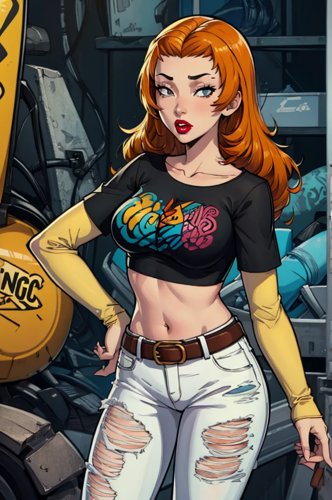 Izzy_Total_Drama, orange hair, 1girl, solo, standing, black t-shirt, white shirt, blue jeans, belt, lipstick, large breasts