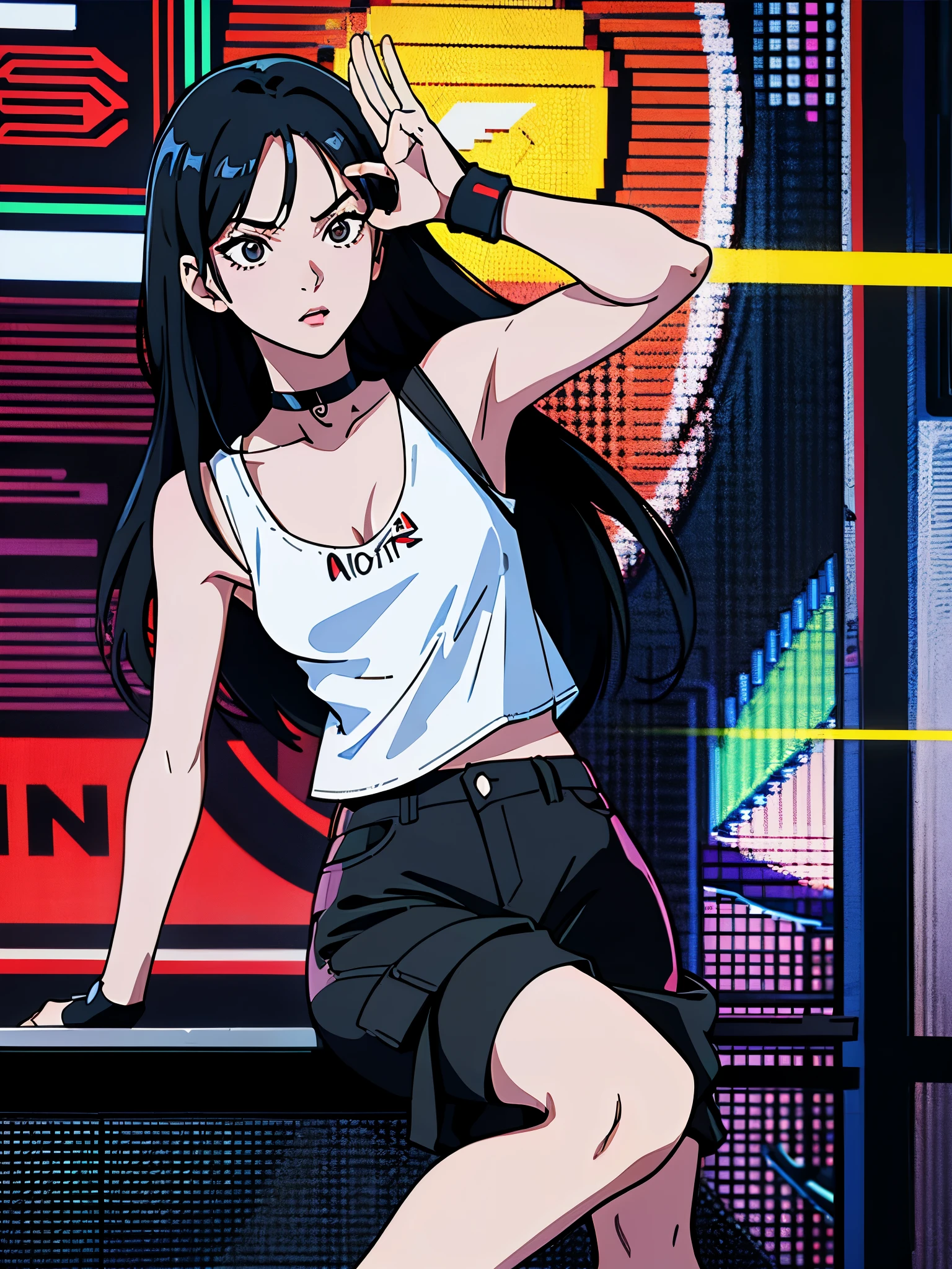 digital art drawing, illustration of (karina from k-pop group aespa, girl, long black hair middle part, brown eyes, wearing a black choker on her neck, white tank top, baggy black cargo pants, cyberpunk 2077), anime drawing/art, bold linework, illustration, digital art, masterpiece, flat illustration, no shadows, 8k resolution, high detail, vector art, only anime, perfect eyes, perfect hands, sharpness, high clarity, mid shot, high fidelity
