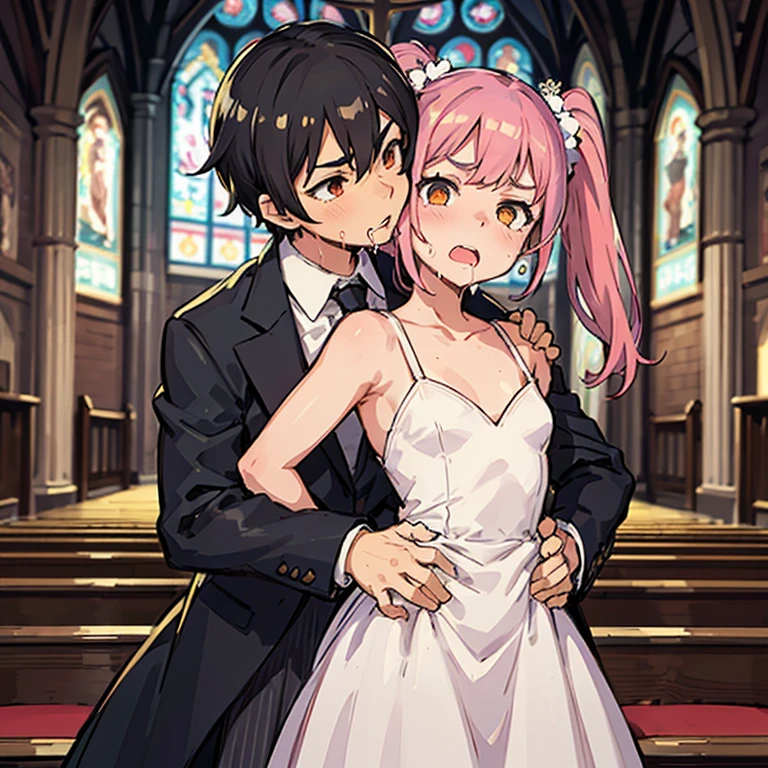 Girl with pink hair, long twin-tail hairstyle, (small bushy pink eyebrows), dressed in gothic ta clothing, loli(Zankuro) drawing style by zankuro artist, Zancro style, image uploaded to R34, (in a church full of people), flirtatious smile, suddenly having sex in public, ((squinted eyes, red cheeks and drooling)) hands on belly, screaming for help, wearing a wedding dress