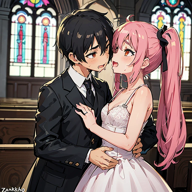 Girl with pink hair, long twin-tail hairstyle, (small bushy pink eyebrows), dressed in gothic ta clothing, loli(Zankuro) drawing style by zankuro artist, Zancro style, image uploaded to R34, (in a church full of people), flirtatious smile, suddenly having sex in public, ((squinted eyes, red cheeks and drooling)) hands on belly, screaming for help, wearing a wedding dress
