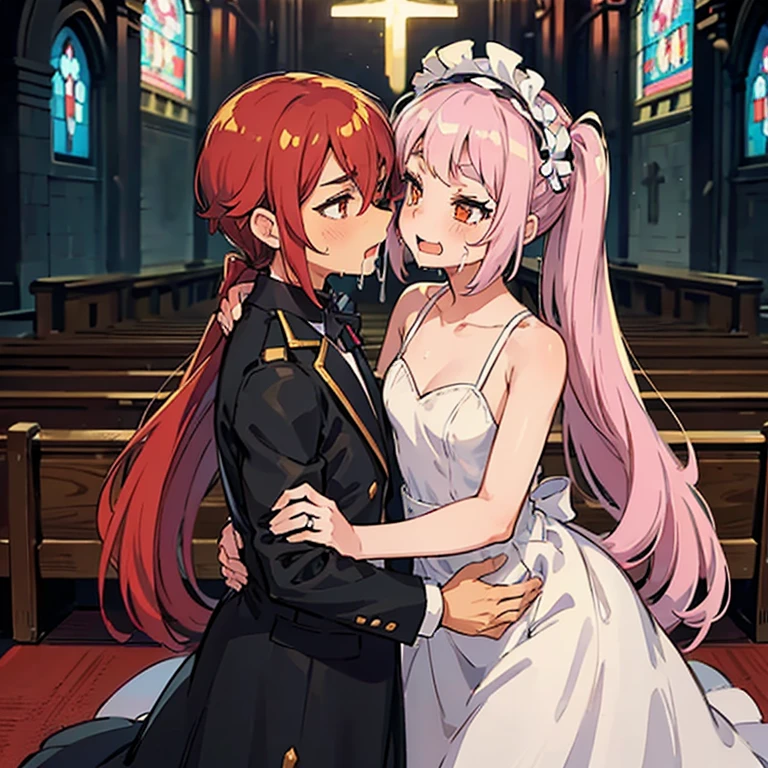 Girl with pink hair, long twin-tail hairstyle, (small bushy pink eyebrows), dressed in gothic ta clothing, loli(Zankuro) drawing style by zankuro artist, Zancro style, image uploaded to R34, (in a church full of people), flirtatious smile, suddenly having sex in public, ((squinted eyes, red cheeks and drooling)) hands on belly, screaming for help, wearing a wedding dress