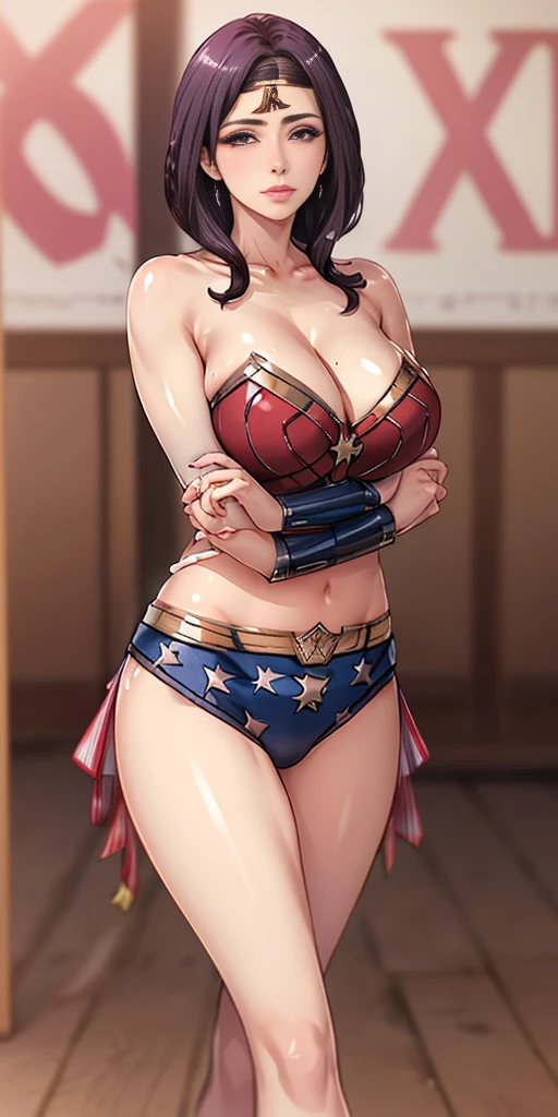 Itsuki Shima. Here's an ultra-realistic image of the brunette Wonder Woman, non-sensual, with non-bulky breasts, fazendo o auto-exame de mama no contexto da campanha do Outubro Rosa. She is showing the importance of self-examination and breast cancer awareness. Junto, We can fight this disease