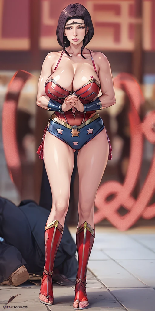 Itsuki Shima. Here's an ultra-realistic image of the brunette Wonder Woman, non-sensual, with non-bulky breasts, fazendo o auto-exame de mama no contexto da campanha do Outubro Rosa. She is showing the importance of self-examination and breast cancer awareness. Junto, We can fight this disease