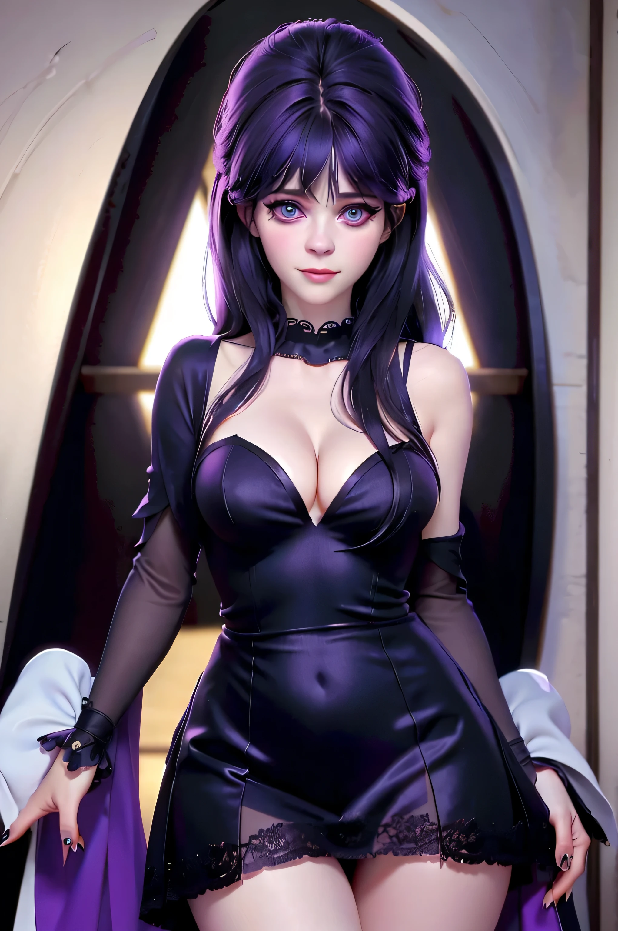 z003yd-v1, Elvira768, Zooey Deschanel, , gynoid physique, (solo:1.1), zooey deschanel, perfect face, (((black dress))), (((cleavage))), (((purple panties))), cup size E, solo focus, fully clothed, smartly dressed, smiling, careless styling, medium length hair, dark blue hair, bright eyes blue like the sky, beatiful detailed eyes，bright pupils，（Very fine and beautiful），（Beautiful and detailed eye description), [[delicate fingers and hands:0.55]::0.85], (detail of fingers), facing at camera, (Background with：school corridor，mystic atmosphere), (illustration, cartoon, masterpiece, highly detailed, best qualtiy，cinematic lighting，muted colors, detailed background, A high resolution)