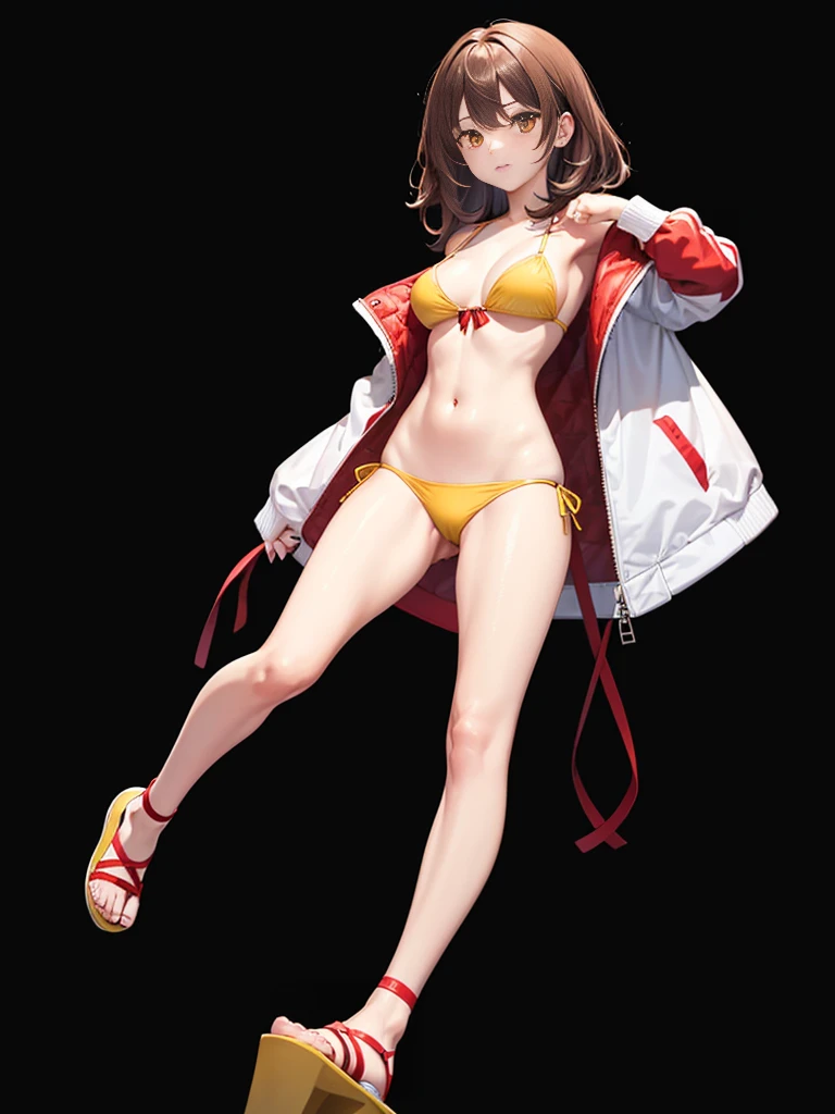 Young girl, yellow bikini and a bold red jacket, Her hair is mid-back length and is a little wavy, it is a medium brown color with slightly darker tips, green eyes, average breast size and fair skin, brown sandals with black soles,The straps are dark brown and go over her toes and around her ankles, Hoodie, jacket open in the front, white fluff coming out of the hood, Beautiful breasts, Beautiful feet, at the beach, look at the camera, sensual pose 