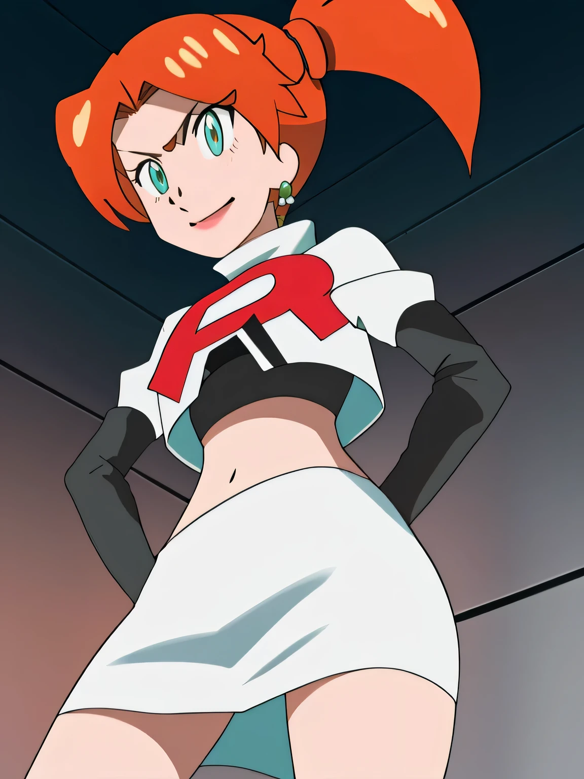 1girl, solo ,sonia, side ponytail,orange hair, heart hair ornaments, aqua eyes ,glossy lips, earings ,team rocket uniform, red letter R, white skirt,white crop top,black thigh-high boots, black elbow gloves, closed mouth, evil smile8k, masterpiece,highres,team rocket uniform, red letter r, white skirt,white crop top,black thigh-high boots, black elbow gloves, glaring angrily, looking down at viewer, hands on hips, cowboy shot, zettai ryouiki,from below, black panties,anime style, vivid colors, sharp focus, intense lighting,