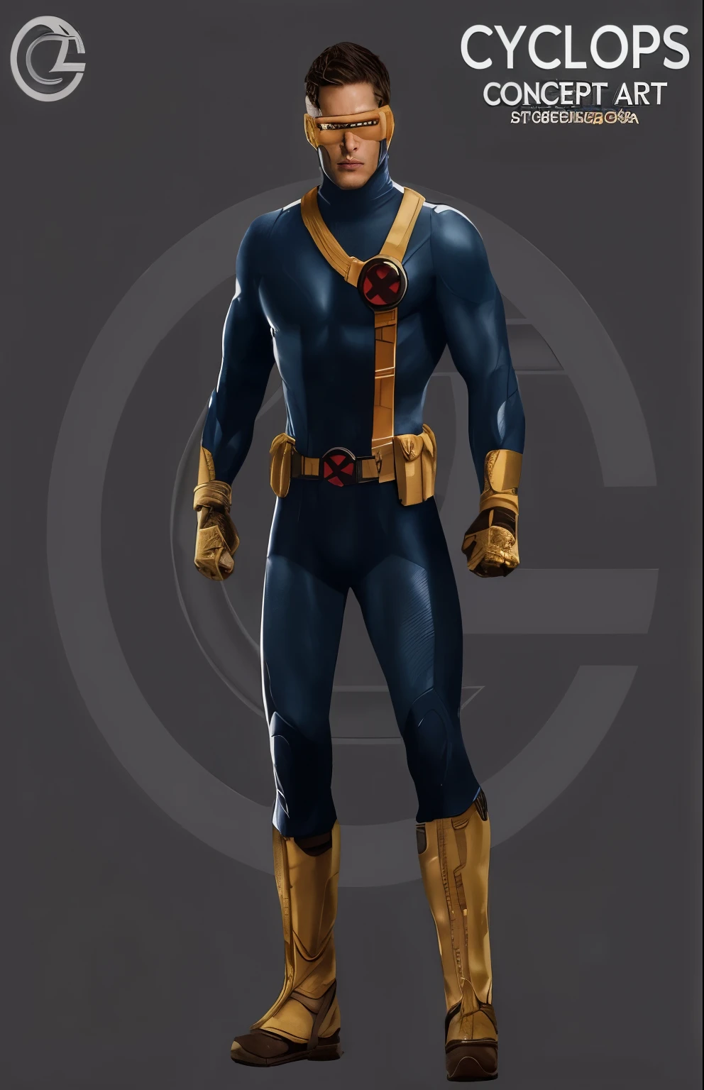 a man in a blue and gold costume standing with his hands on his hips, ciclope, x-man costume, x man costume, fantasia amarela de X-Man, arte conceitual da maravilha, homem no terno azul escuro de corpo inteiro, conceito de corpo inteiro, novo design de conceito de fantasia, detailed conceito de corpo inteiro, personagem de quadrinhos, conceito de corpo inteiro art, roupa de corpo inteiro x-force