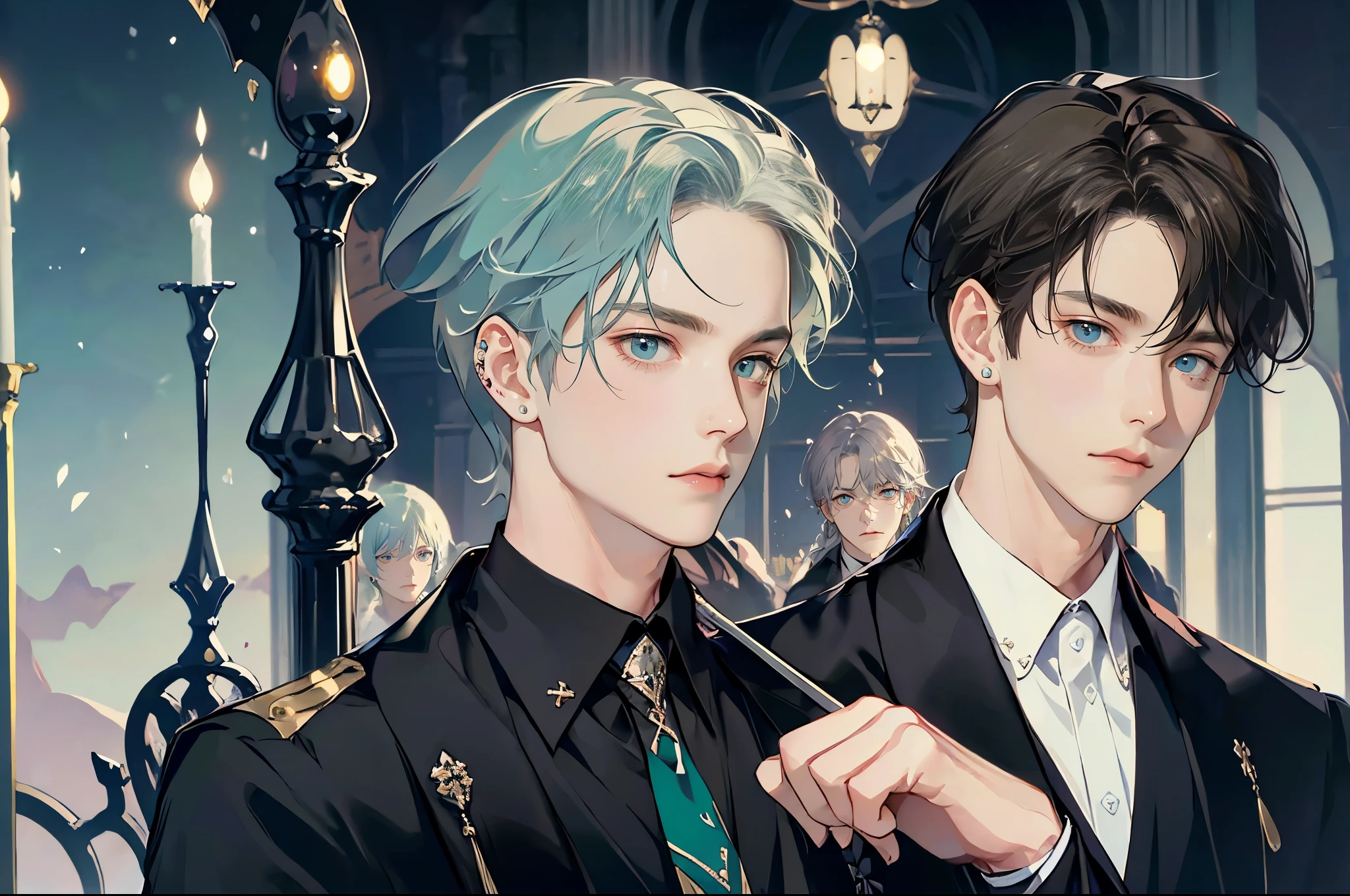 One beautiful anime handsome bad boy、Short grey hair、Arranged hairstyle、Light blue colorcon、Small face、Handsome face、White skin、Cute eyes、Very thin eyebrows、tall、Hogwarts Slytherin's green robes and green ties、23 years old、Japanese-Korean half man、Tired expression、Expressionless、Dark background、Hogwarts School of Witchcraft and Wizardry、morning、In the Potions classroom at Hogwarts、Taking Potions classes、Stirring the pot with a walking stick、In front of him is a witch's cauldron filled with green liquid.、Slytherin Boy、Shooting from a diagonal angle、masterpiece、highest quality、high resolution、Fantasy、Glare、Korean anime illustration、Wear a lot of piercings、Cool photos、Portrait、handsome pose、淡いmorning日の輝きに包まれて、Villain、dark、hatred、pain、Loneliness、pain、Draw smoothly、Softly drawn