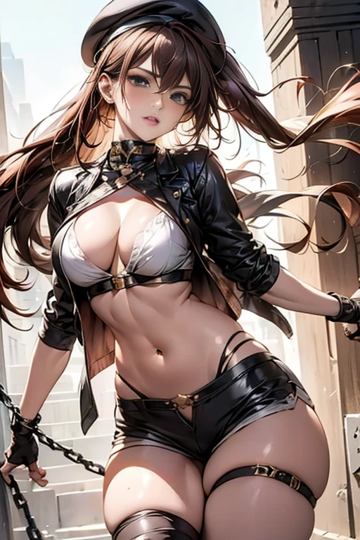 ubel,dark green hair,long hair,side ponytail,hair between eyes,bangs, BREAK (beret, black jacket, open clothes, cleavage, midriff, black shorts, black thighhighs, thigh strap, fingerless gloves, single glove:1.2), Photo,sharpness, F1.6 lens,hyper-realistic textures,spectacular light textures, Cinestil 800 Fashion Mechanics,(((Beautiful woman with left leg restrained and hung by chains))),Appearance,Beautiful girl with accentuated slender abs: 1.1,six-pack abs: 1.1, Bust Botox,Standing on tiptoe, long legs,Long brown hair fluttering in the wind,Brown hair, Long hair, Female Warrior Costume,(No panties,No bra),(tacticul battle fashion,elbow and knee tacticul battle fashion, battle glove: 1.1),((cute batre costume)),The belly comes out and the navel is visible,Thin sheer costume, combat gloves,shredded costumes,cyber long combat boots with golden knee pads,Anatomical,(futuristic sci-fi battle fashion, new elbow and knee cyberpads, new cyberlong boots, new cybergloves: 1.1),(tied perfectly by iron chain), Restraint, Slave, collars, contempt, (Chained), 4 chains hung from heaven, Metallic shackles and fetters, wet crotch clearly visible,((Hands are restrained above the head)), the neck is chained,Chain from left knee to heaven,Chained by rusty iron chains,((the tip is protruding, areolas protruding,The shape of the pubic area is clearly visible:1.2)),Sweating,Wet,Wet crotch,Wet thighs,Junkyard, Realistic, (cute, perfect clothes, skimpy clothes, cute: 1.3) ,Vast miritary base in us,((wide mirtary hospital with summer sunlight)), peeling ceilings, Rebar between, Realistic material details, Extreme details, Ultra-realistic materials,narrow waist,(with sparkling eyes and a contagious smile:0.9),looking at viewer, 