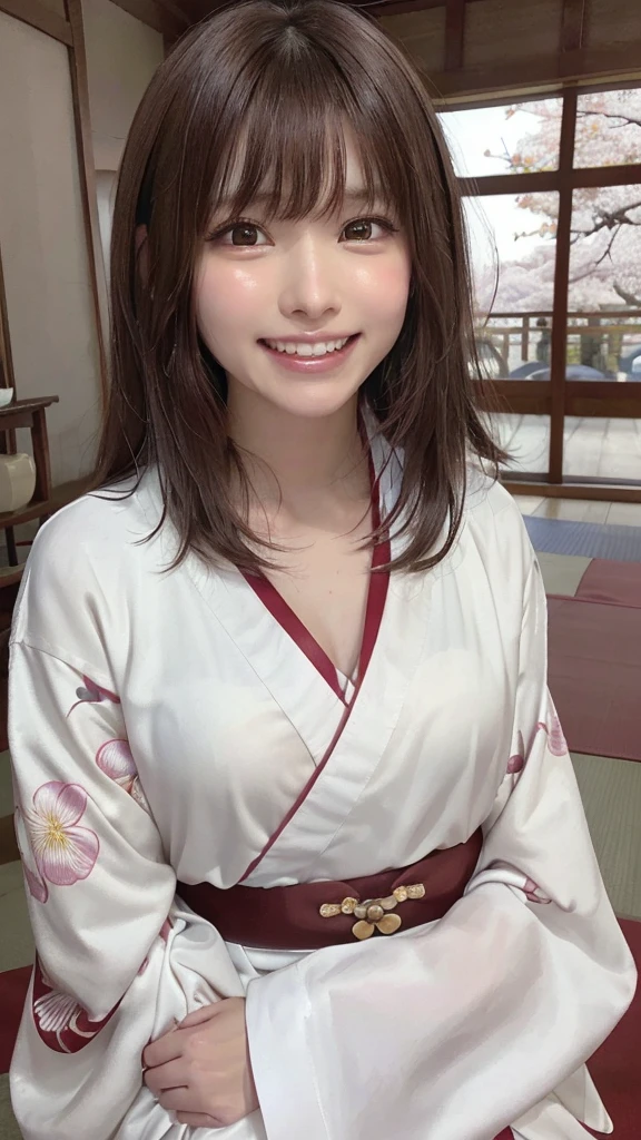 Tabletop, highest quality, 8K, Raw photo, One Girl, (Beautiful girls, Delicate girl:1.3), (16 years old:1.3), break, (Floral, kimono, kimono, white kimono:1.3), break, Very fine grain, (Symmetrical eyes:1.3), break, (cherry blossoms, filled with cherry blossoms, surrounded by cherry blossoms:1.2), perfectly trimmed fingers, break, Small breasts, Brown eyes, Parted bangs, brown hair, (Upper teeth, The best smile:0.6), break, (Eye and facial details:1.0), break, (masterpiece, highest quality, Ultra-detailed, Detailed face, 8K),break,(Laughter:1.6), break,Showing teeth