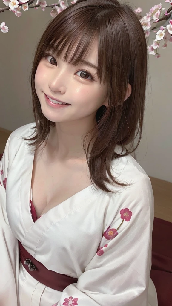 Tabletop, highest quality, 8K, Raw photo, One Girl, (Beautiful girls, Delicate girl:1.3), (:1.3), break, (Floral, kimono, kimono, white kimono:1.3), break, Very fine grain, (Symmetrical eyes:1.3), break, (cherry blossoms, filled with cherry blossoms, surrounded by cherry blossoms:1.2), perfectly trimmed fingers, break, Small breasts, Brown eyes, Parted bangs, brown hair, (Upper teeth, The best smile:0.6), break, (Eye and facial details:1.0), break, (masterpiece, highest quality, Ultra-detailed, Detailed face, 8K),break,(Laughter:1.6), break,Showing teeth