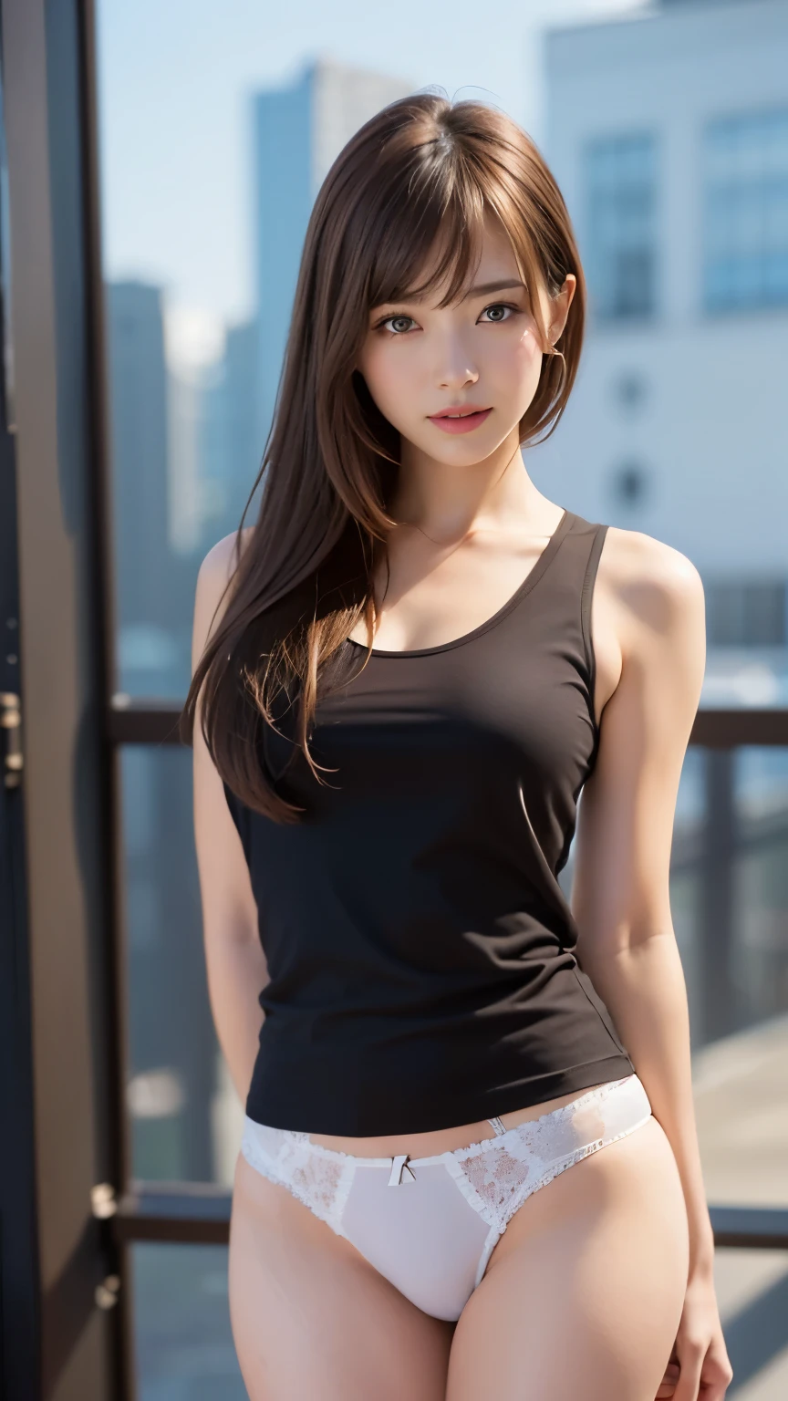 highest quality, masterpiece, 8k, ultra high resolution, (realistic: 1.4), 1 girl, beautiful face, symmetrical eyes, big, perfect body proportions, ((long hair、bangs))、((brown hair:1.5)), School teacher、((Tank top、panties:1.4)), ((show off your crotch:1.5)), The viewer&#39;s gaze, ((Model standing、Blurred Background:1.5)), look at camera、A friendly smile、seems kind、cowboy shot