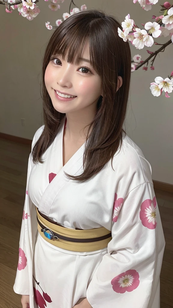 Tabletop, highest quality, 8K, Raw photo, One Girl, (Beautiful girls, Delicate girl:1.3), (16 years old:1.3), break, (Floral, kimono, kimono, white kimono:1.3), break, Very fine grain, (Symmetrical eyes:1.3), break, (cherry blossoms, filled with cherry blossoms, surrounded by cherry blossoms:1.2), perfectly trimmed fingers, break, Small breasts, Brown eyes, Parted bangs, brown hair, (Upper teeth, The best smile:0.6), break, (Eye and facial details:1.0), break, (masterpiece, highest quality, Ultra-detailed, Detailed face, 8K),break,(Laughter:1.6), break,Showing teeth