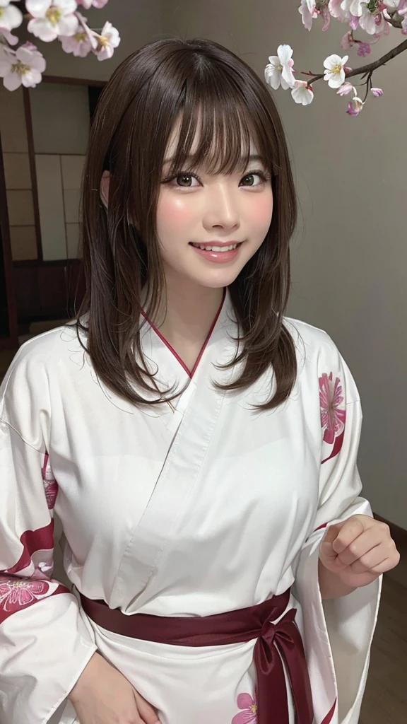 Tabletop, highest quality, 8K, Raw photo, One Girl, (Beautiful girls, Delicate girl:1.3), (:1.3), break, (Floral, kimono, kimono, white kimono:1.3), break, Very fine grain, (Symmetrical eyes:1.3), break, (cherry blossoms, filled with cherry blossoms, surrounded by cherry blossoms:1.2), perfectly trimmed fingers, break, Small breasts, Brown eyes, Parted bangs, brown hair, (Upper teeth, The best smile:0.6), break, (Eye and facial details:1.0), break, (masterpiece, highest quality, Ultra-detailed, Detailed face, 8K),break,(Laughter:1.6), break,Showing teeth
