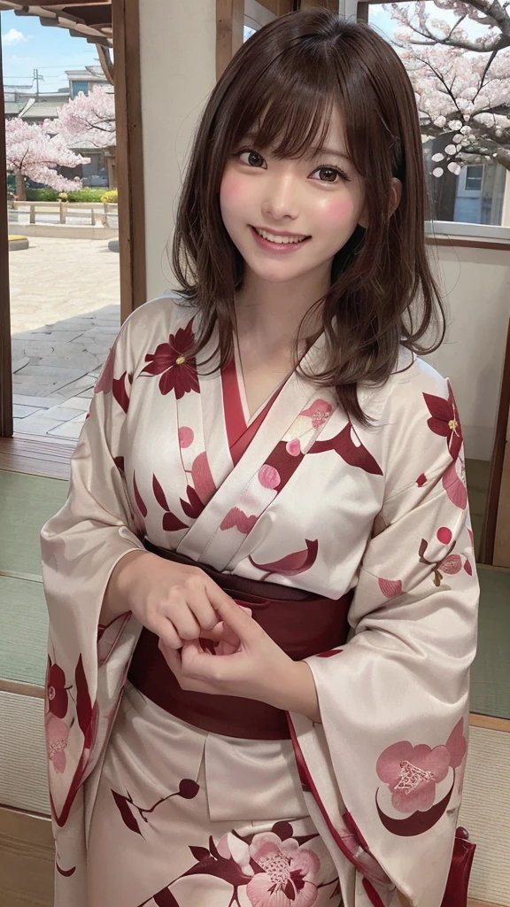 Tabletop, highest quality, 8K, Raw photo, One Girl, (Beautiful girls, Delicate girl:1.3), (16 years old:1.3), break, (Floral, kimono, kimono, red kimono:1.3), break, Very fine grain, (Symmetrical eyes:1.3), break, (cherry blossoms, filled with cherry blossoms, surrounded by cherry blossoms:1.2), perfectly trimmed fingers, break, Small breasts, Brown eyes, Parted bangs, brown hair, (Upper teeth, The best smile:0.6), break, (Eye and facial details:1.0), break, (masterpiece, highest quality, Ultra-detailed, Detailed face, 8K),break,(Laughter:1.6), break,Showing teeth