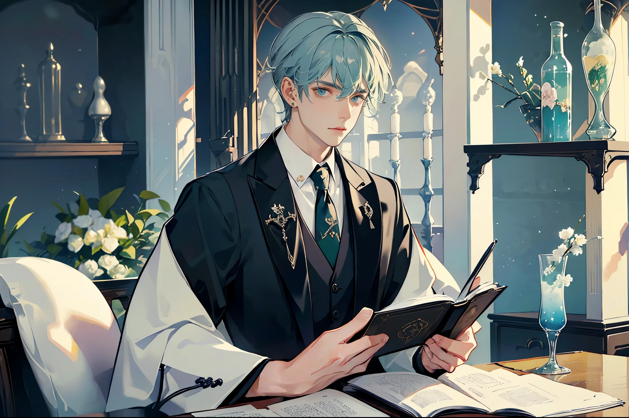 One beautiful anime handsome bad boy、Short grey hair、Arranged hairstyle、Light blue colorcon、Small face、Handsome face、White skin、Cute eyes、Very thin eyebrows、tall、Hogwarts Slytherin's green robes and green ties、23 years old、Japanese-Korean half man、Tired expression、Expressionless、Dark background、Hogwarts School of Witchcraft and Wizardry、morning、In the Potions classroom at Hogwarts、Taking Potions classes、Stirring the pot with a walking stick、In front of him is a witch's cauldron filled with green liquid.、Slytherin Boy、Shooting from a diagonal angle、masterpiece、highest quality、high resolution、Fantasy、Glare、Korean anime illustration、Wear a lot of piercings、Cool photos、Portrait、handsome pose、淡いmorning日の輝きに包まれて、Villain、dark、hatred、pain、Loneliness、pain、Draw smoothly、Softly drawn