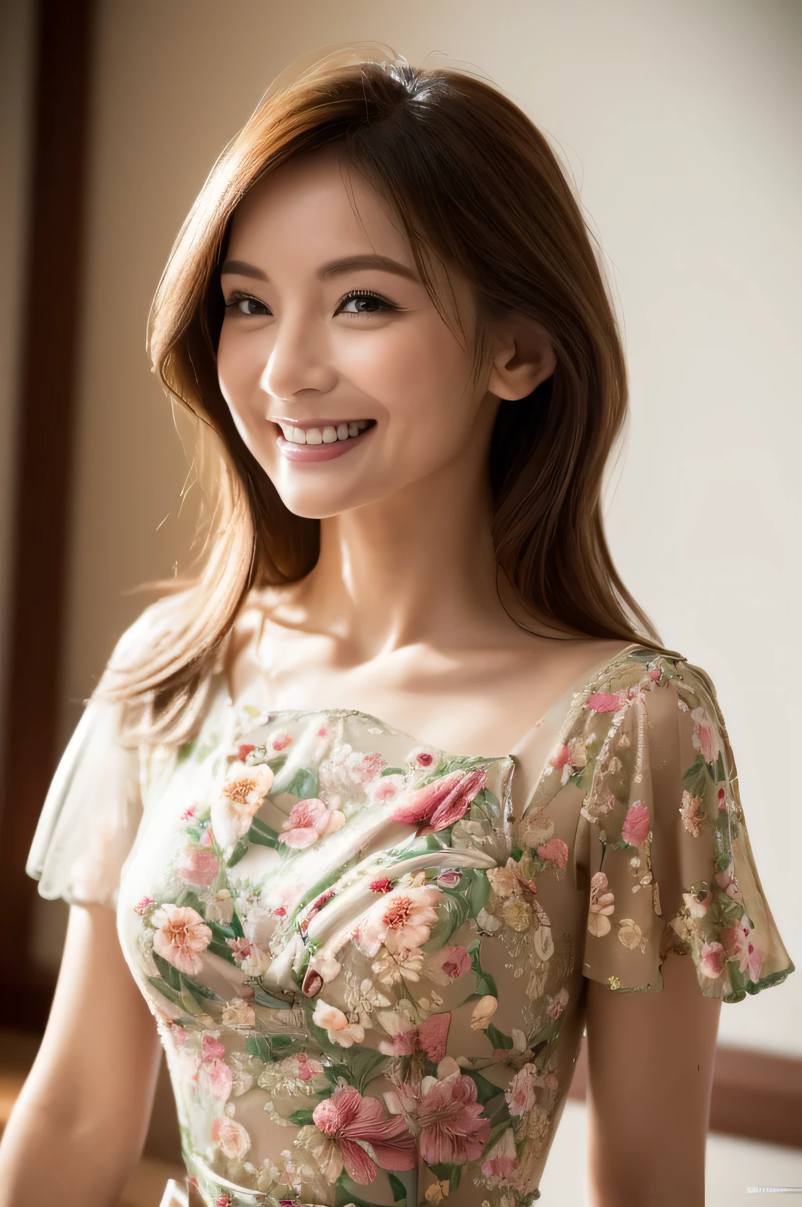 Masseter muscle area, highest quality, masterpiece, High resolution, Photorealistic, Raw photo, 8k wallpaper, perfection, Professional Lighting, Very detailed, Depth of written boundary, ((One beautiful woman)), ((40 years)), Sexy Woman, Hotel Rooms, ((Big floral mini dress with Lush bust:1.3)), ((Look into the viewer's eyes)), Detailed face, Beautiful Eyes, (Sit with good posture), Bans, Shapely small breasts,Extra long brown hair, Faint lips,Soup((Loosely inward wavy hair:1.2、((full figure supermodel standing, entire body in frame))、fullbody shot、((A shy smile:1.3)),
