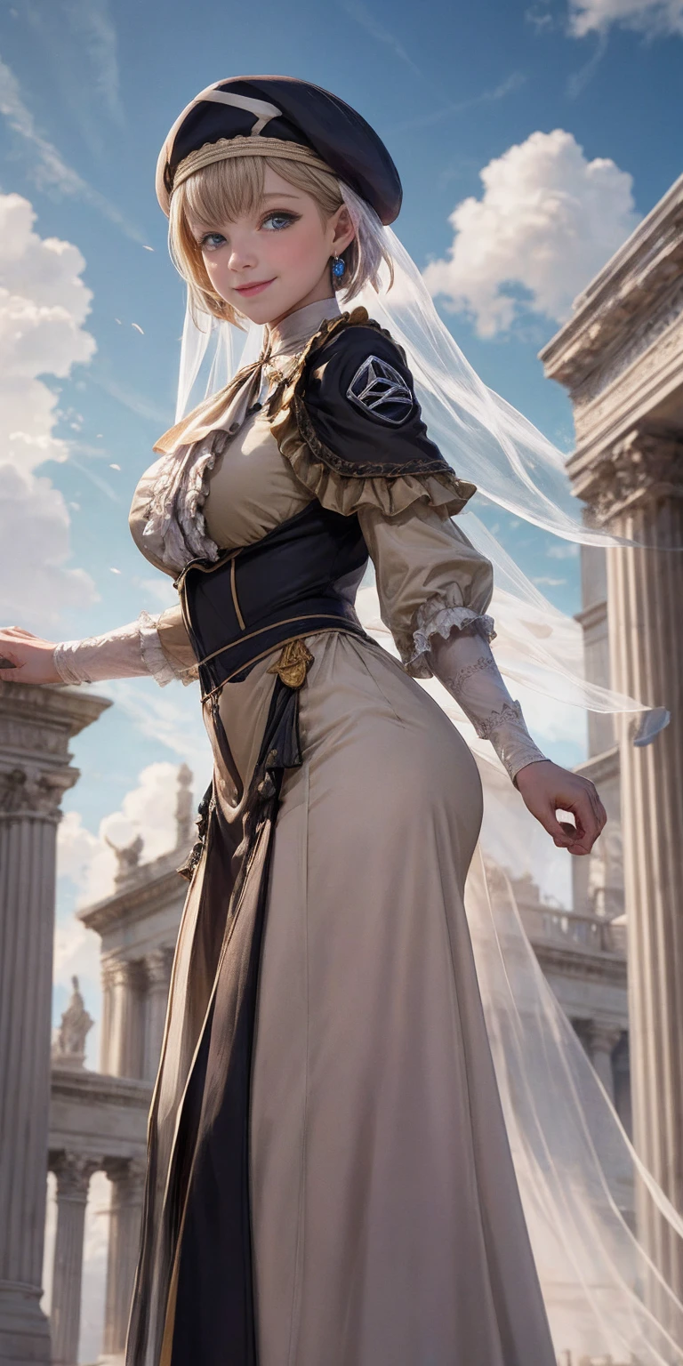 masterpiece, best quality, war, Mercedes, beret, veil, see-through, short hair, blue ascot, long frilled dress, large breasts, looking at viewer, smile, hand on own arm, outdoors, clouds, marble architecture, sky