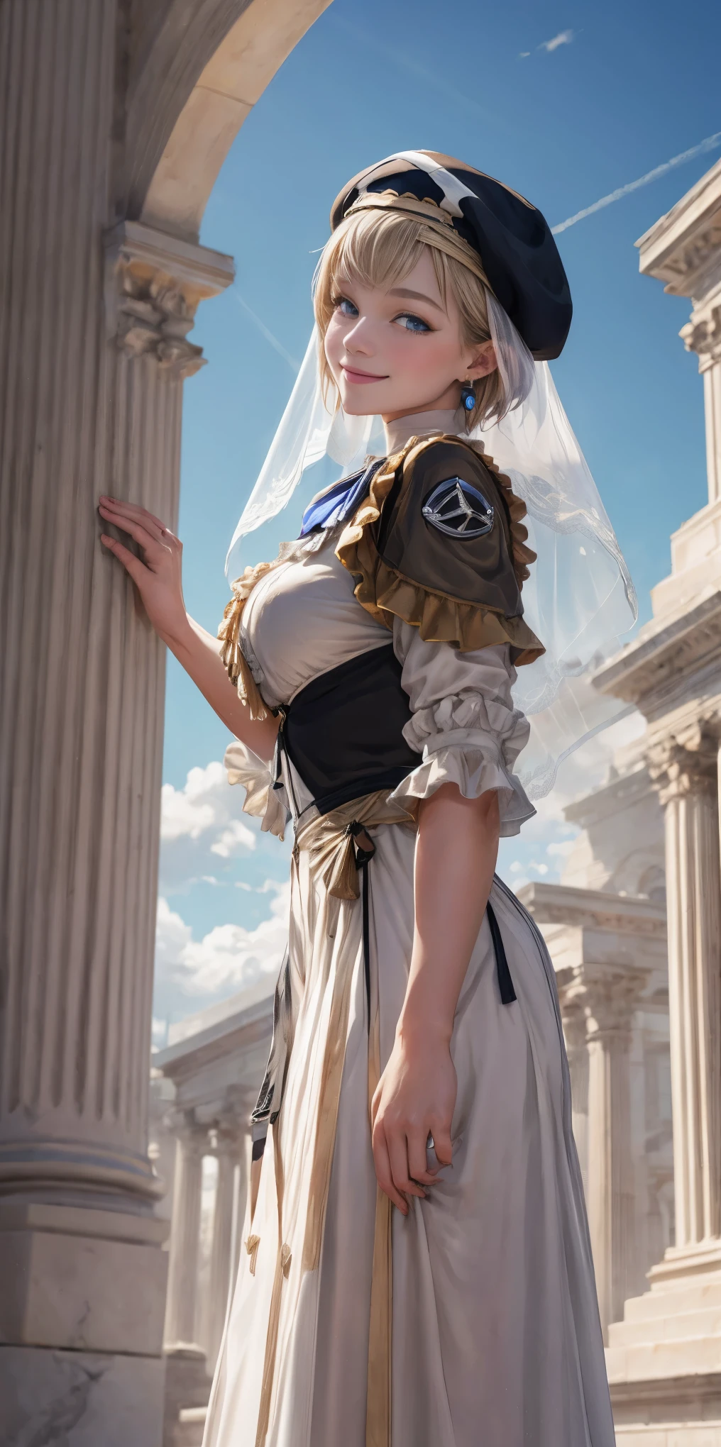 masterpiece, best quality, war, Mercedes, beret, veil, see-through, short hair, blue ascot, long frilled dress, large breasts, looking at viewer, smile, hand on own arm, outdoors, clouds, marble architecture, sky