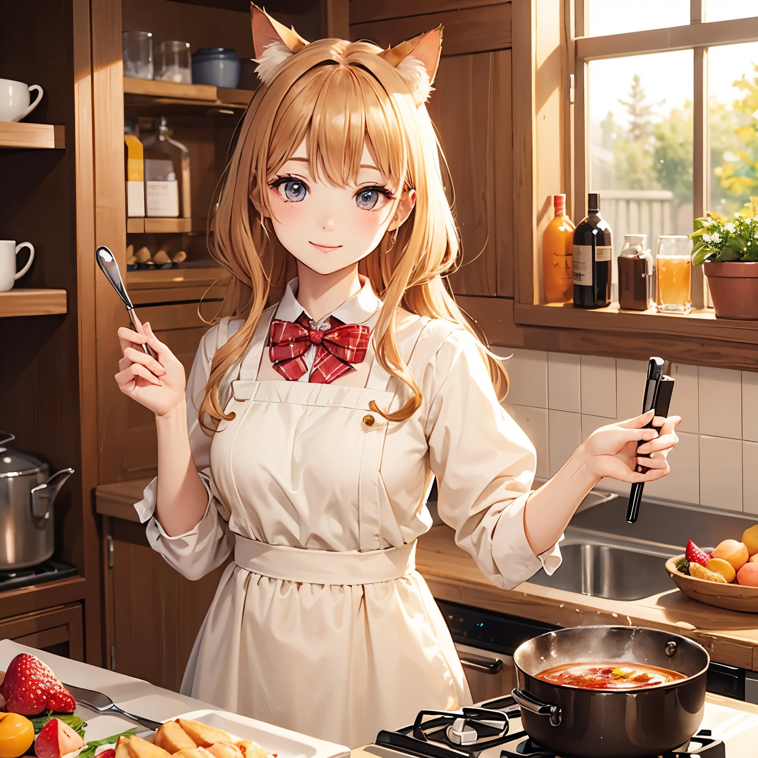 A cat wearing an apricot-colored ribbon、Hair apricot color、Apricot-colored eyes、Apricot-colored clothing、Strawberry jam、cooking、smile