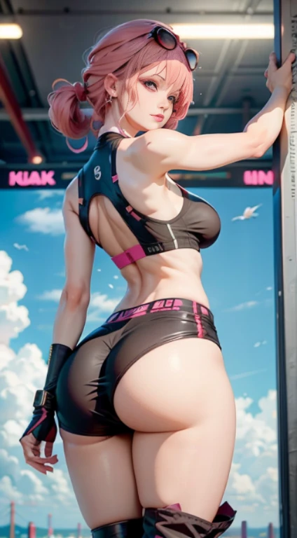 Beautiful woman，1个Giant Breast Girl，pink haired woman，Fighting posture，black pantyhoses，black glove，Sports bra，jewely，shorter pants，J thighs。Pink hair，drill bit，Asymmetrical hair (work of art), (masterpiece), (best quality), a, (blue eyes), wearing  nothing,, red bow, , butts , full figure head to toes , standing beside poles showing backside, beautiful back, beautiful cute smile, showing big curved 