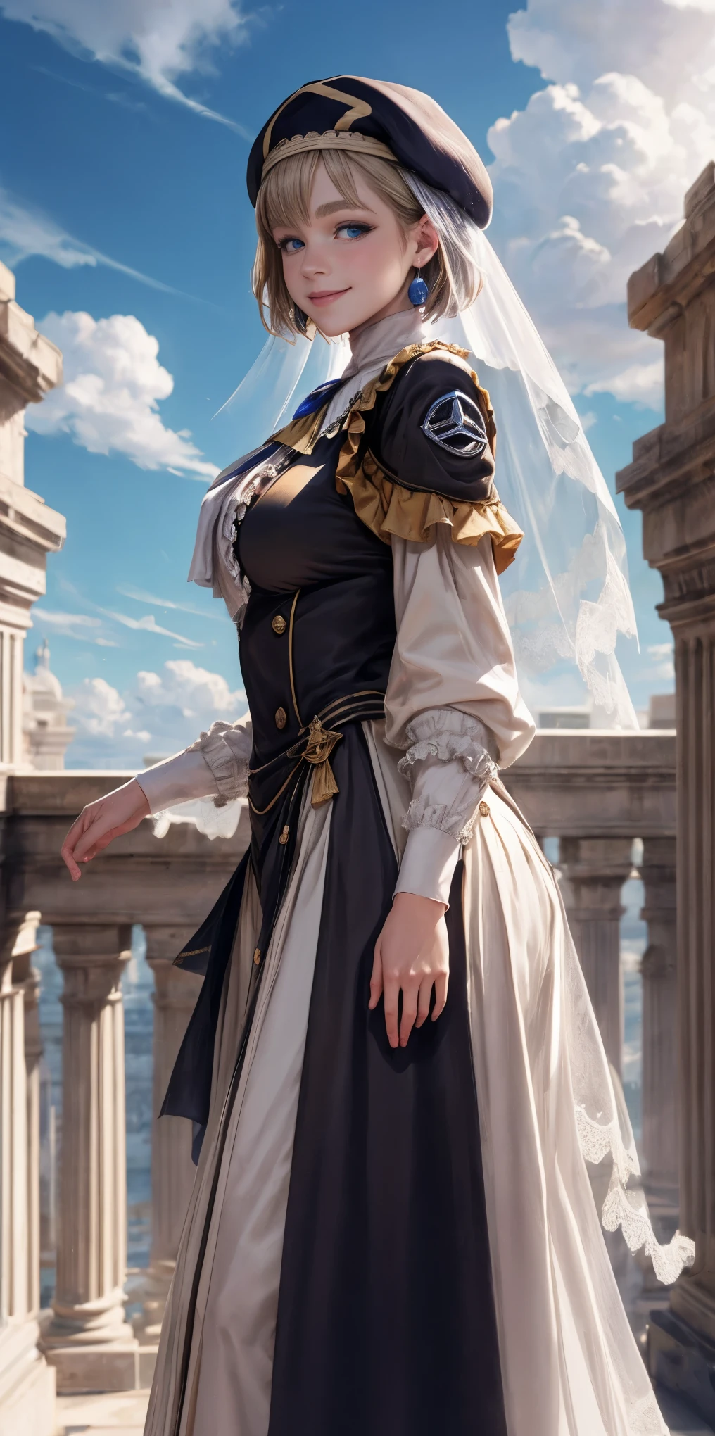 masterpiece, best quality, war, Mercedes, beret, veil, see-through, short hair, blue ascot, long frilled dress, large breasts, looking at viewer, smile, hand on own arm, outdoors, clouds, marble architecture, sky