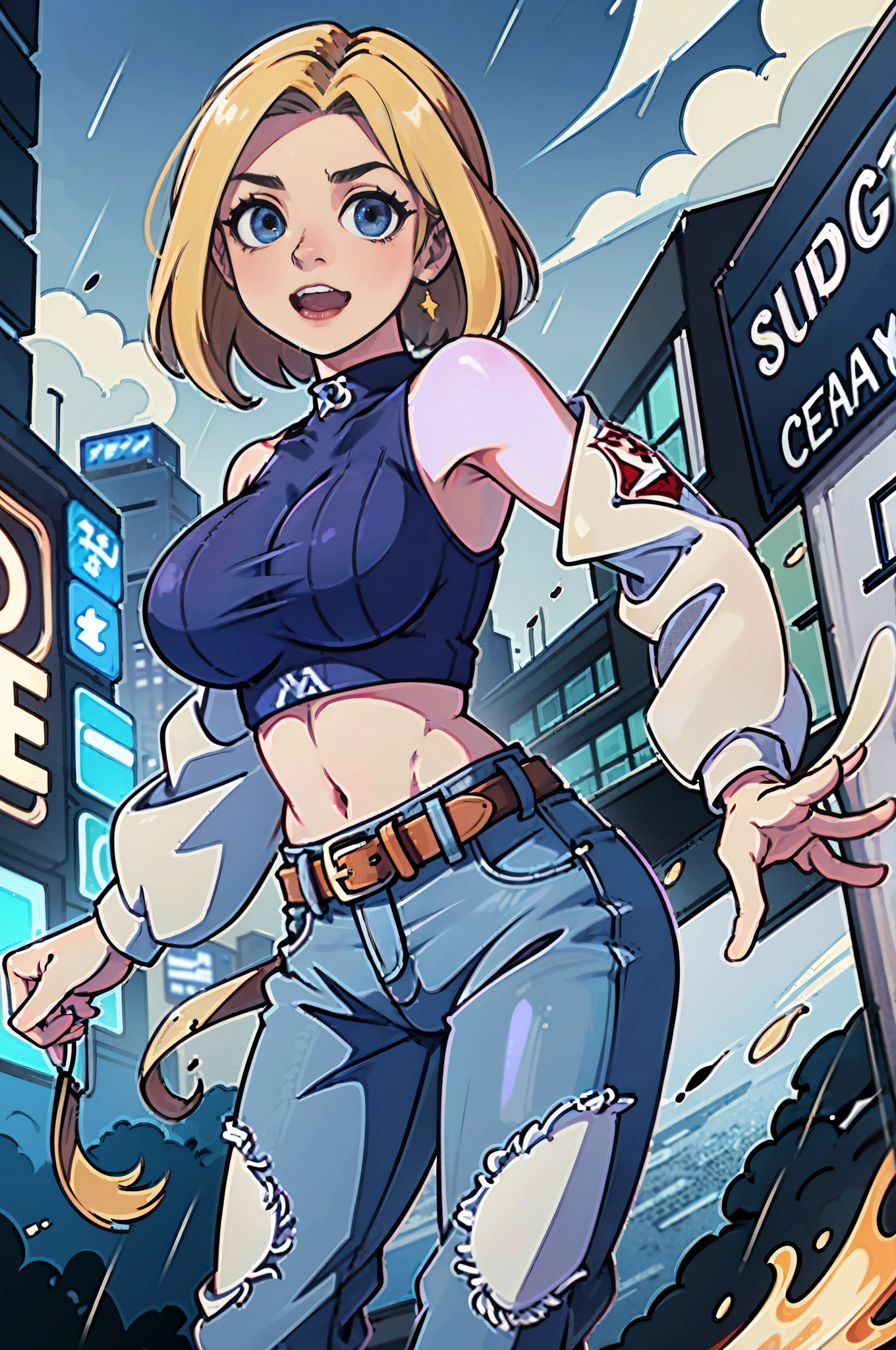 maryms, Best Quality,(beauty), 1girl,phisically-based render ,ultra highres,(cowboy shot:1.5),narrow waist, skinny, LeonaMS , big blue eyes,long legs,jeans,leather belt,big breasts,puffy eyes, leather belt,(rainy city), shiny skin, facing viewer, excited to fight