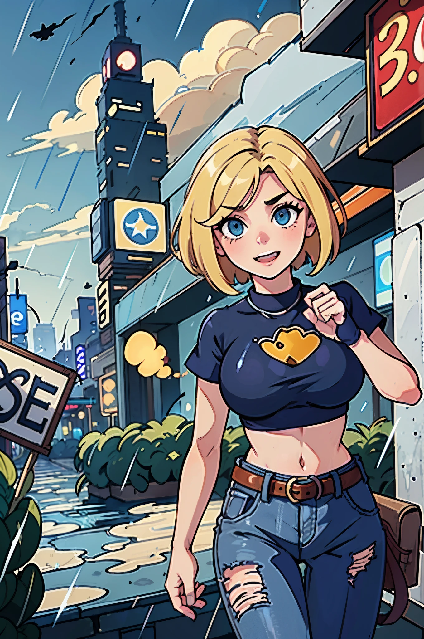 maryms, Best Quality,(beauty), 1girl,phisically-based render ,ultra highres,(cowboy shot:1.5),narrow waist, skinny, LeonaMS , big blue eyes,long legs,jeans,leather belt,big breasts,puffy eyes, leather belt,(rainy city), shiny skin, facing viewer, excited to fight