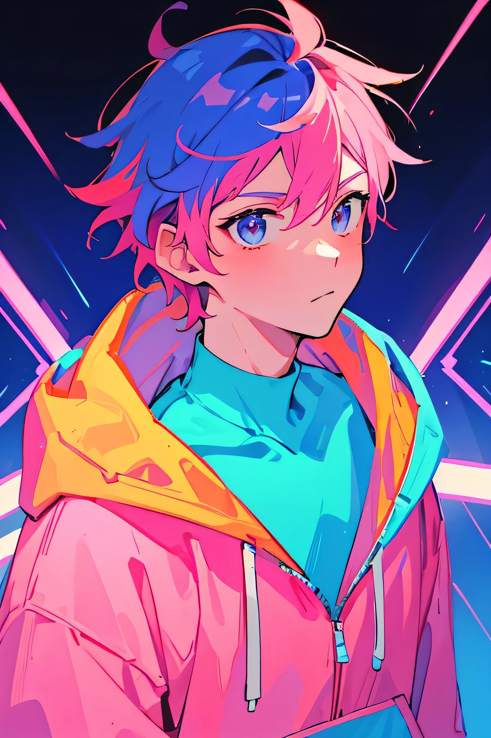 Hot, male, gay, pink, orange, blue, 1 man, anime, digital, hoodie, electric, synthwave, feminine, hair, 1 male, the color orange 