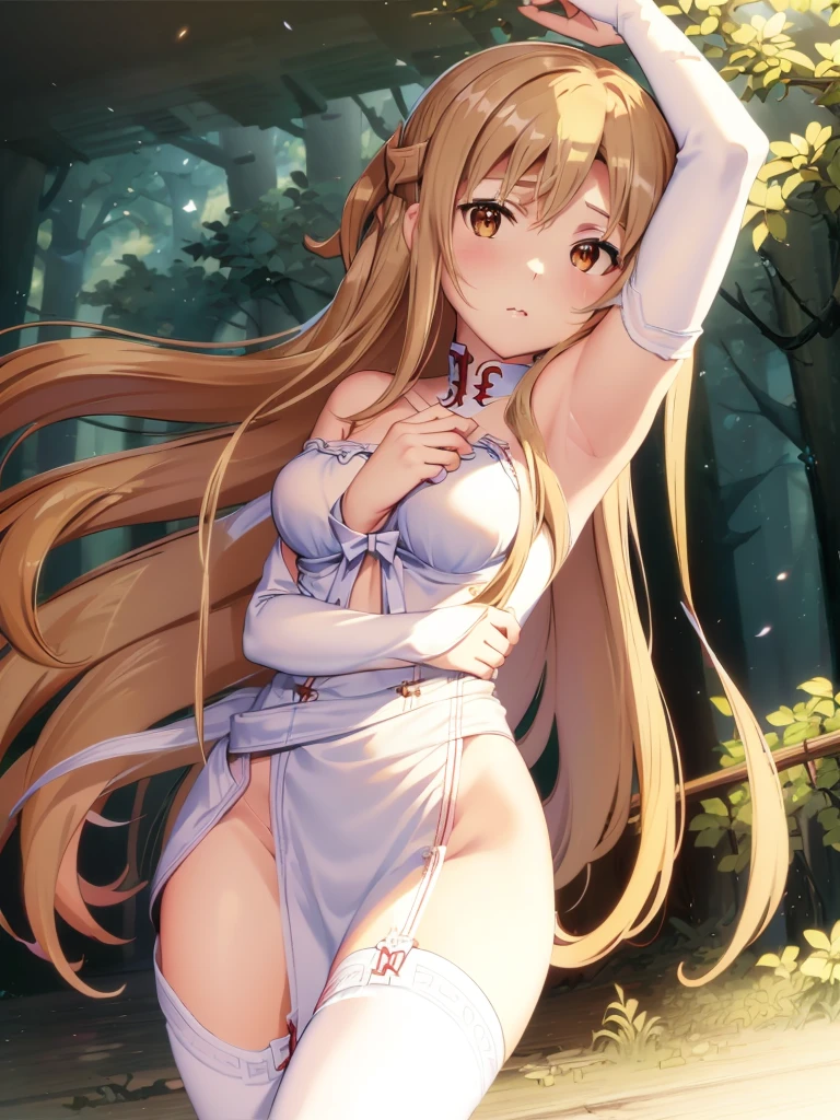 (masterpiece)、(highest quality)、(Ultra-detailed)、(High saturation)、((Anatomically correct hand))、Detailed Skin、Sharp focus、(CG illustration)、High Contrast、(One Woman)、Sword Art Online、(((Asuna Yuki)))、(Beautiful and beautiful eyes)、Delicate and beautiful face、(Disheveled Hair)、Disheveled clothes、Sheer Lingerie、(Black Stockings)、(B cup breasts)、(Small nipples)、Fashion model posing、Floating in the air、((Best lighting))、Simple Background,(((((all naked))))),
