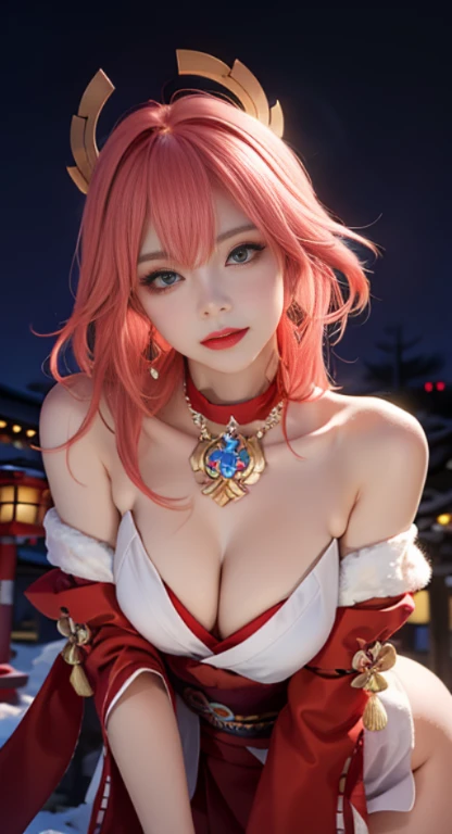 (Masterpiece, Excellent, 1girl, solo, complex details, color difference), realism, ((medium breath)), off-the-shoulders, big breasts, sexy, Yae Miko, long pink hair, red headdress, red highlight, hair above one eye, green eyes, earrings, sharp eyes, perfectly symmetrical figure, choker, neon shirt, open jacket, turtleneck sweater, graffiti, dim lighting, alley, ((mean, seductive, charming)), ((winter background))), ((japan background)))), (((luminous background))), (dynamic pose), (bend at the waist, bend down and look at viewer:1.1), tulle, bare shoulders, blooming flower fields, radiant skin, faint smile, sexy, bust, no breast cover, naked, cocked ass, tummy look