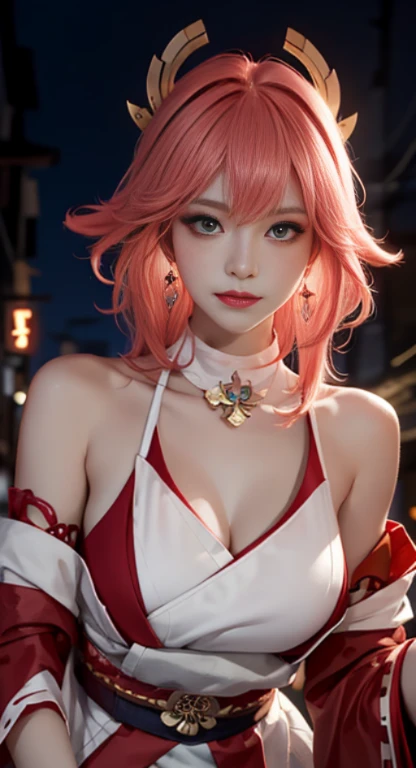 (Masterpiece, Excellent, 1girl, solo, complex details, color difference), realism, ((medium breath)), off-the-shoulders, big breasts, sexy, Yae Miko, long pink hair, red headdress, red highlight, hair above one eye, green eyes, earrings, sharp eyes, perfectly symmetrical figure, choker, neon shirt, open jacket, turtleneck sweater, graffiti, dim lighting, alley, ((mean, seductive, charming)), ((winter background))), ((japan background)))), (((luminous background))), (dynamic pose), (bend at the waist, bend down and look at viewer:1.1), tulle, bare shoulders, blooming flower fields, radiant skin, faint smile, sexy, bust, no breast cover, naked, cocked ass, tummy look