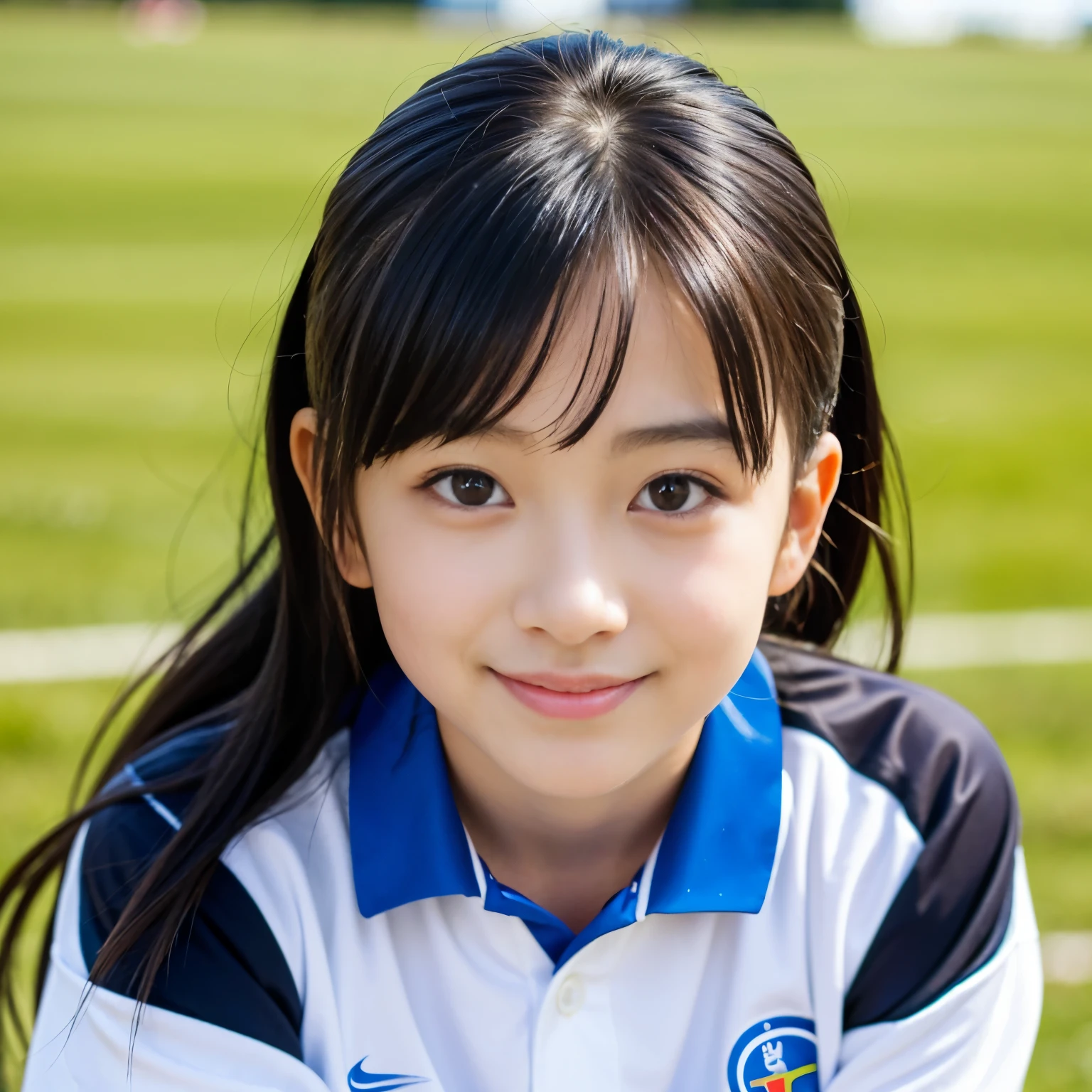 Best-quality, Masterpiece, Ultra-High-Resolution, (Photorealistic:1.4), Raw-Photo, 1girl, the most famous Japanese idol, (leaning forward), wearing track and field uniform, extremely cute face, ((extremely cute big-black-eyes)), extremely cute hairstyle, extremely cute eyelashes, extremely cute lips, (extremely beautiful skins)), innocent-smile