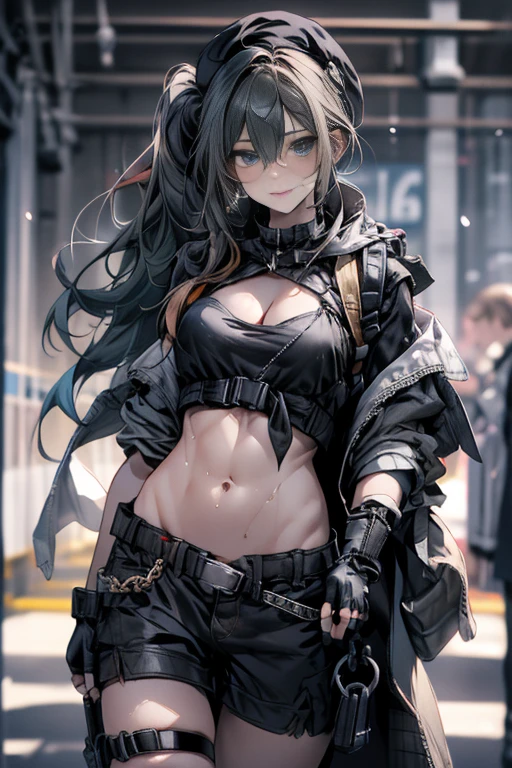 ubel,dark green hair,long hair,side ponytail,hair between eyes,bangs, BREAK (beret, black jacket, open clothes, cleavage, midriff, black shorts, black thighhighs, thigh strap, fingerless gloves, single glove:1.2), Photo,sharpness, F1.6 lens,hyper-realistic textures,spectacular light textures, Cinestil 800 Fashion Mechanics,(((Beautiful woman with left leg restrained and hung by chains))),Appearance,Beautiful girl with accentuated slender abs: 1.1,six-pack abs: 1.1, Bust Botox,Standing on tiptoe, long legs,Long brown hair fluttering in the wind,Brown hair, Long hair, Female Warrior Costume,(No panties,No bra),(tacticul battle fashion,elbow and knee tacticul battle fashion, battle glove: 1.1),((cute batre costume)),The belly comes out and the navel is visible,Thin sheer costume, combat gloves,shredded costumes,cyber long combat boots with golden knee pads,Anatomical,(futuristic sci-fi battle fashion, new elbow and knee cyberpads, new cyberlong boots, new cybergloves: 1.1),(tied perfectly by iron chain), Restraint, Slave, collars, contempt, (Chained), 4 chains hung from heaven, Metallic shackles and fetters, wet crotch clearly visible,((Hands are restrained above the head)), the neck is chained,Chain from left knee to heaven,Chained by rusty iron chains,((the tip is protruding, areolas protruding,The shape of the pubic area is clearly visible:1.2)),Sweating,Wet,Wet crotch,Wet thighs,Junkyard, Realistic, (cute, perfect clothes, skimpy clothes, cute: 1.3) ,Vast miritary base in us,((wide mirtary hospital with summer sunlight)), peeling ceilings, Rebar between, Realistic material details, Extreme details, Ultra-realistic materials,narrow waist,(with sparkling eyes and a contagious smile:0.9),looking at viewer, 